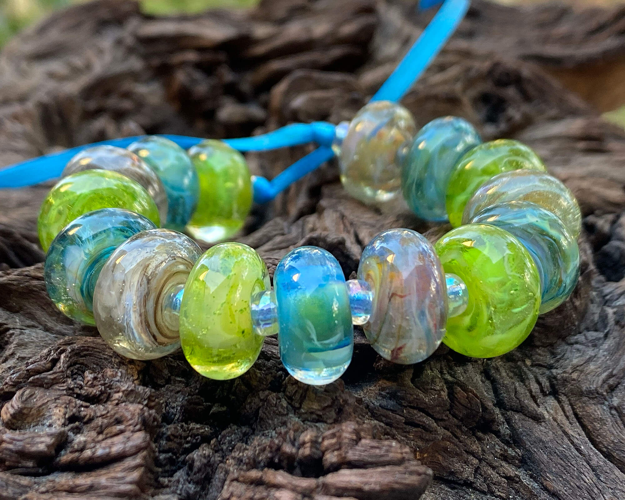 15 Bright Blue Green Swirls Lampwork Glass Beads Set for Jewelry Making - DIY Bracelets, Necklaces & Crafts (SRA)
