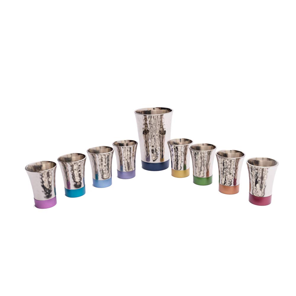 Elegant Hammered Kiddush Fountain Set - 8 Sharing Cups & 1 Main Cup, Colorful Anodized Aluminum Rings, Perfect Judaica Gift for Shabbat & Jewish Holidays