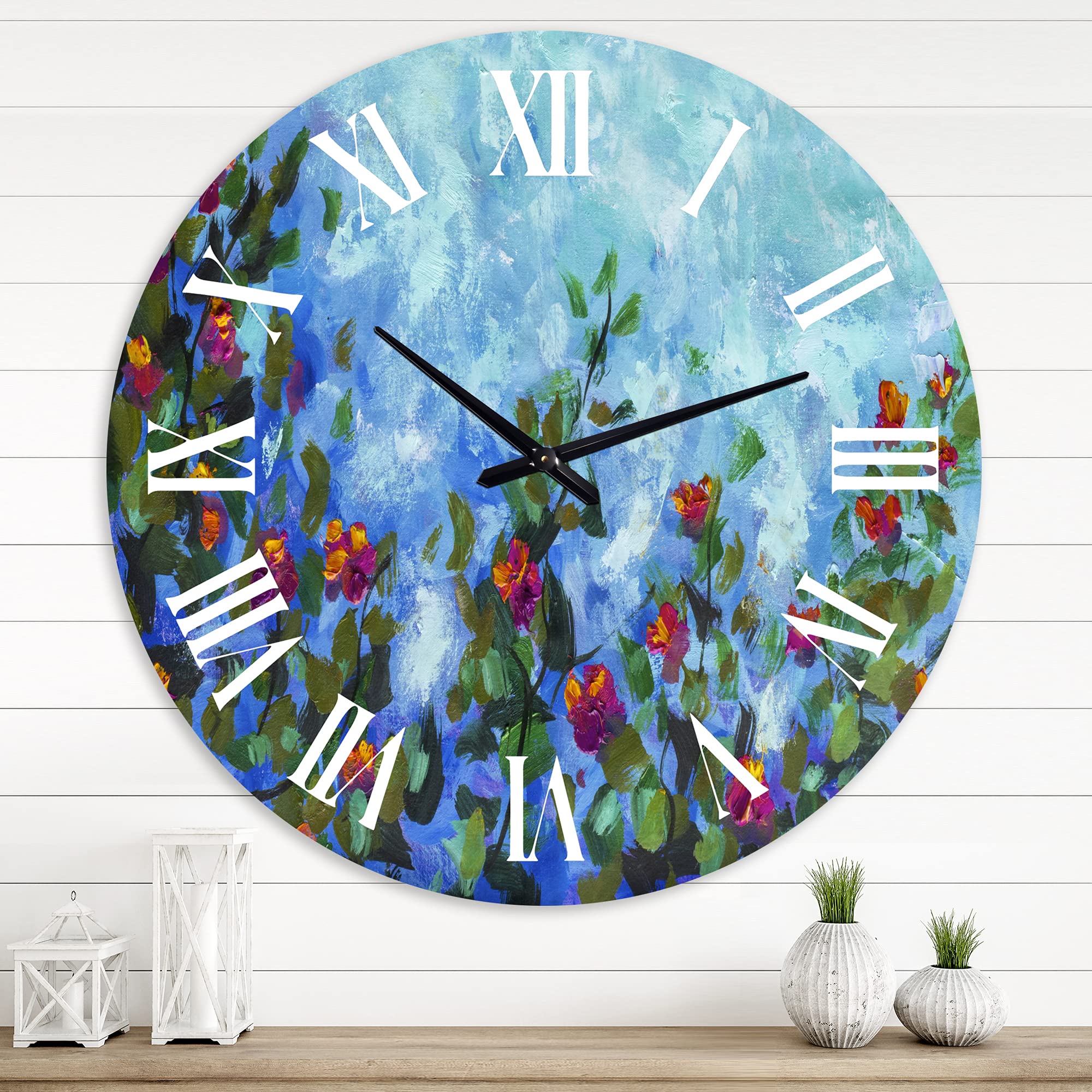 DesignQ Farmhouse Wall Clock - Large Vintage Floral Wall Decor with Violet Spring Flowers on Green Branch - Perfect for Office, Living Room, and Kitchen Décor