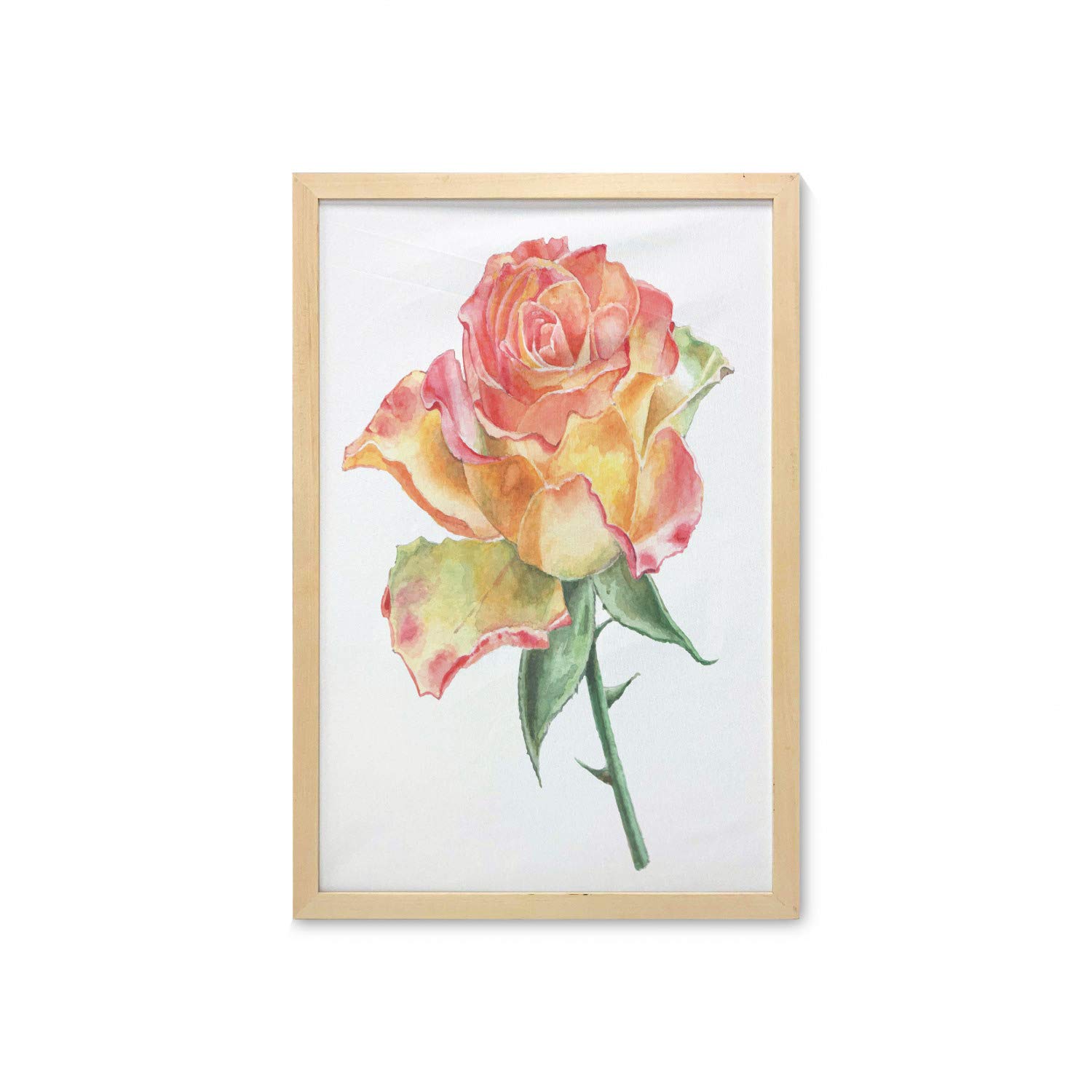 Ambesonne Rose Wall Art with Frame - Hand Painted Watercolor Floral Print, Botanical Decor for Bathroom, Living Room, Dorm | 23x35 Inch Green Orange Coral Canvas Poster | Perfect for Home Decor, Housewarming Gifts & Bedroom Accent Wall