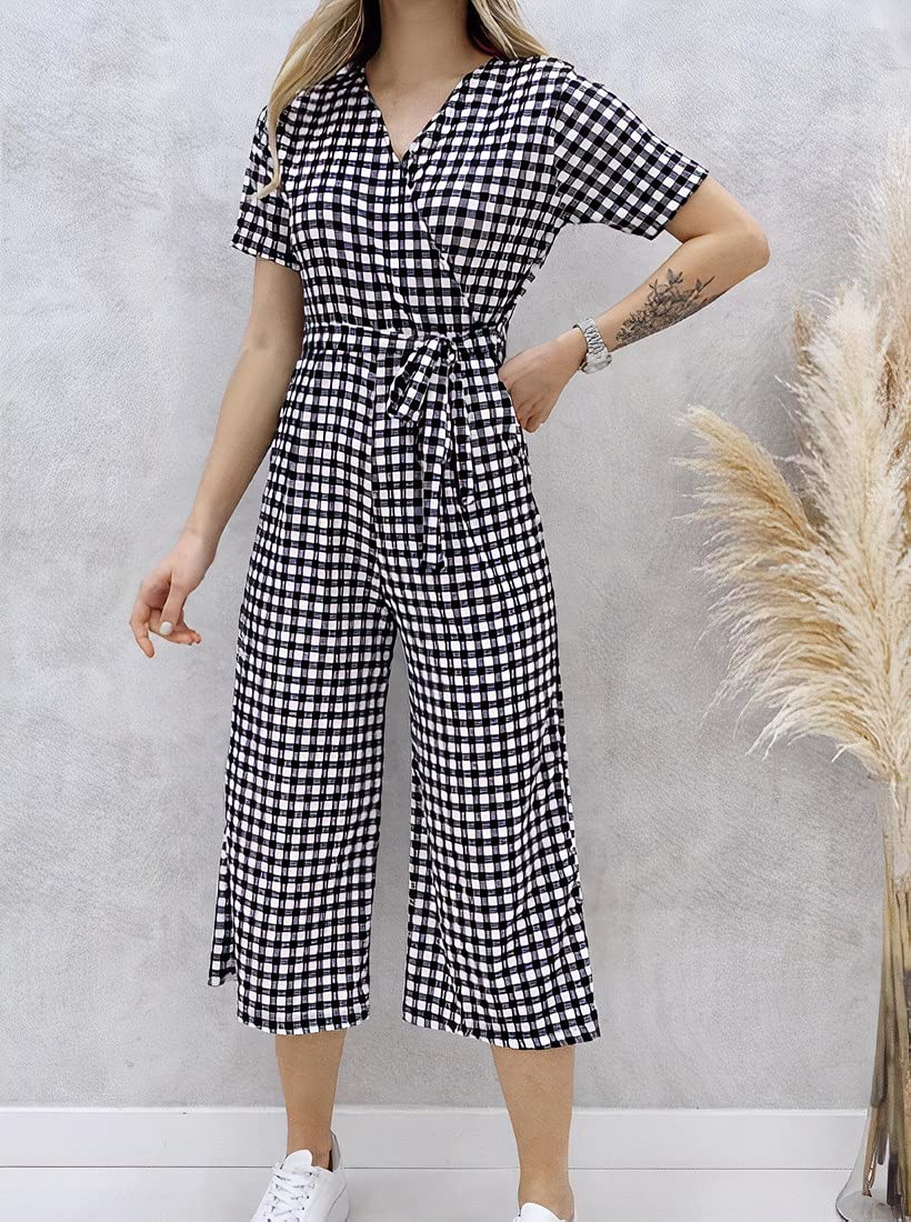 Women's V-Neck Short Sleeve Plaid Jumpsuit - Black & White Overall Dress (Large) | Casual Summer Outfit, Beach Cover-Up, Party Wear & Everyday Fashion