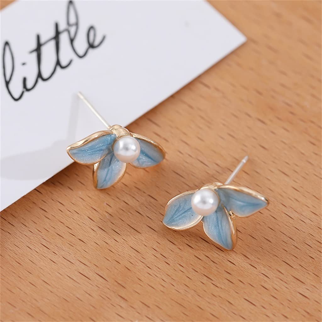 Small Pearl Stud Earrings for Women - Floral Leaf Design in Glaze Blue, Elegant & Cute Jewelry for Daily Wear, Office & Date Night