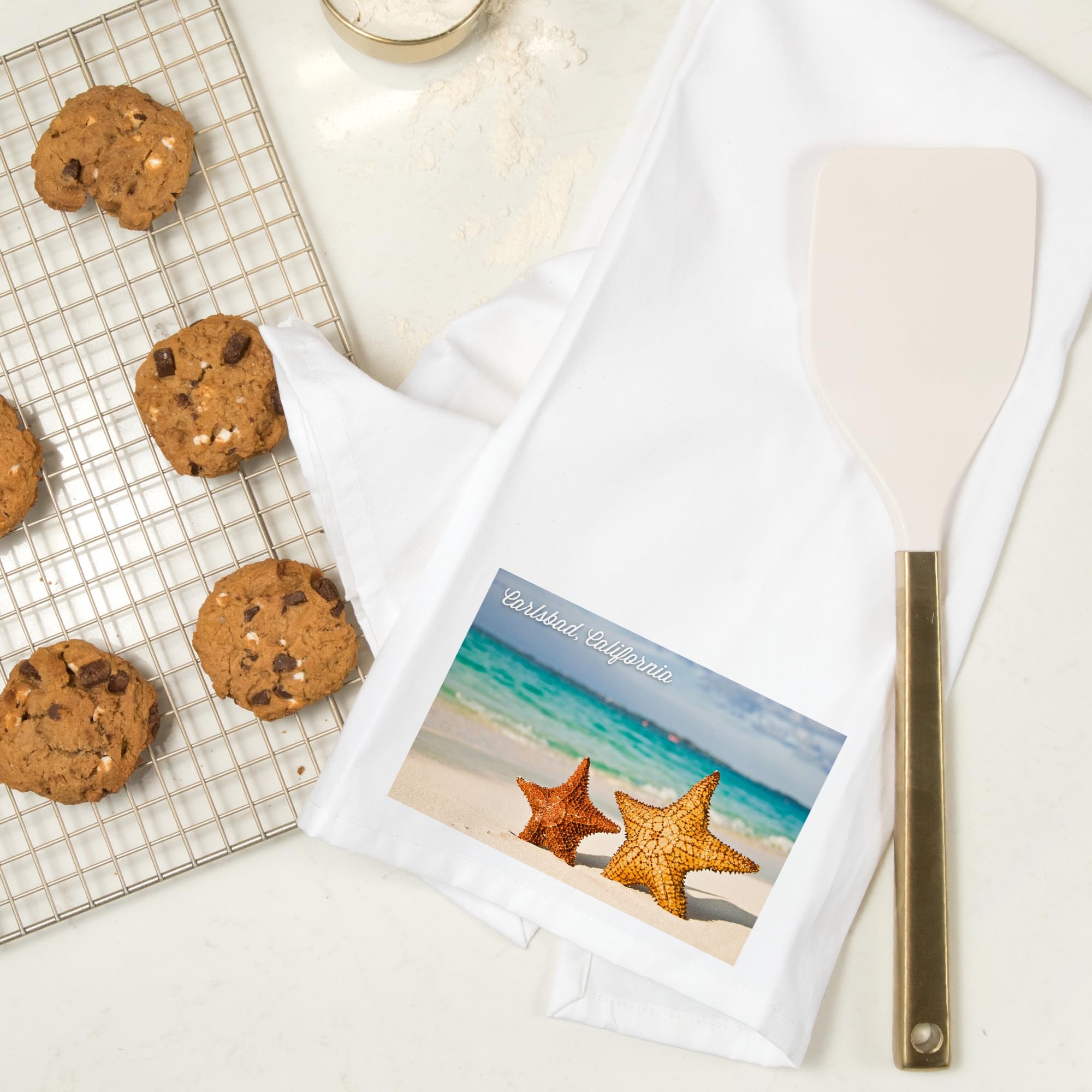 Lantern Press Carlsbad California Starfish Beach Tea Towel - 100% Cotton Decorative Hand Towel for Kitchen, Bath & Home Decor - Perfect for Coastal Themed Decor, Beach House Gifts & Dish Drying