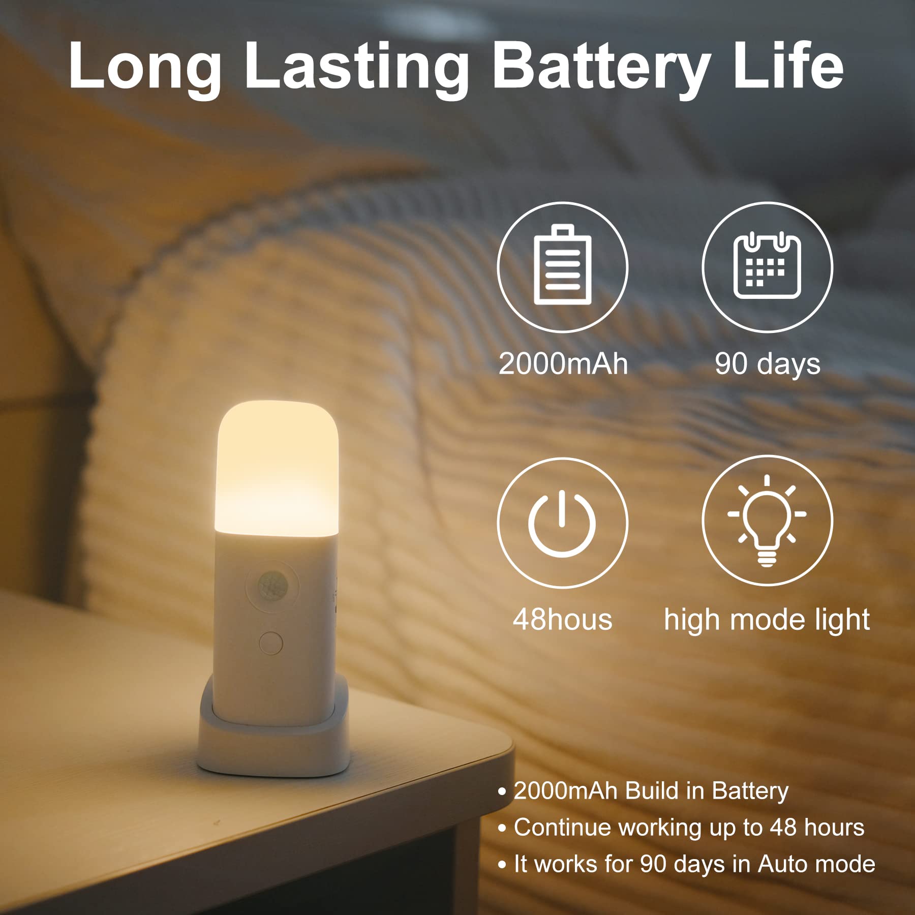 Motion Sensor Night Light - Dimmable LED Night Light with 5 Brightness Levels, 2000mAh Rechargeable Battery, Portable Motion Activated Light for Kids Room, Bedroom, Hallway, Stairs & Bathroom - Perfect for Nighttime Safety and Convenience