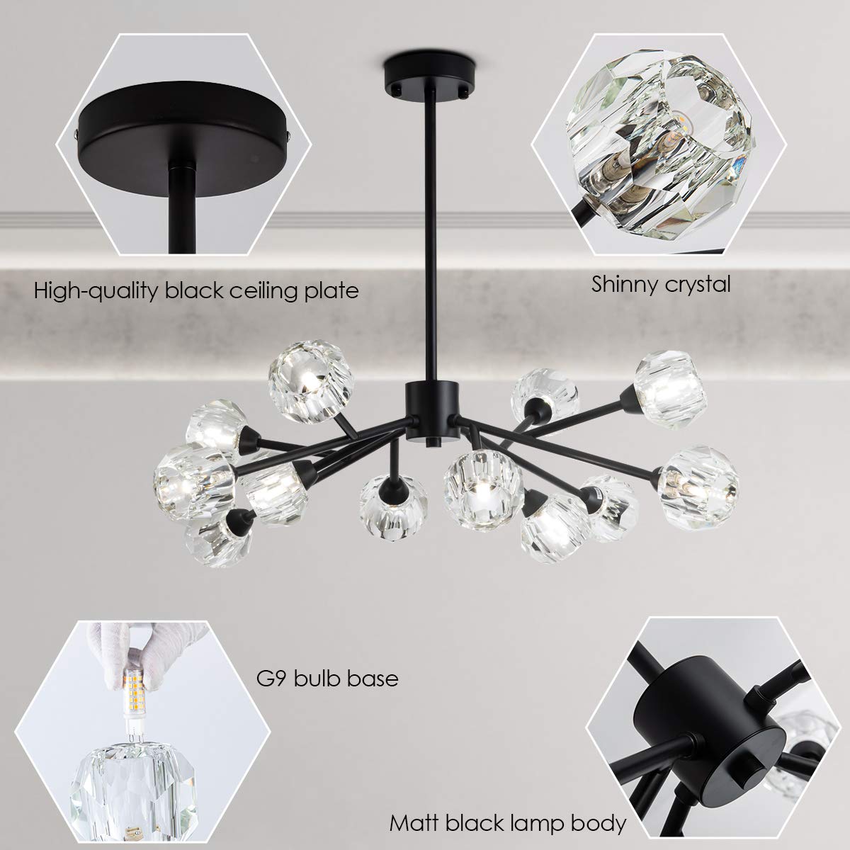 Modern Black Crystal Chandelier - 12-Light Sputnik Lighting Fixture for Dining Room, Living Room, Bedroom, Kitchen Island & Bar - Elegant Ceiling Light for Home Decor & Dinner Parties