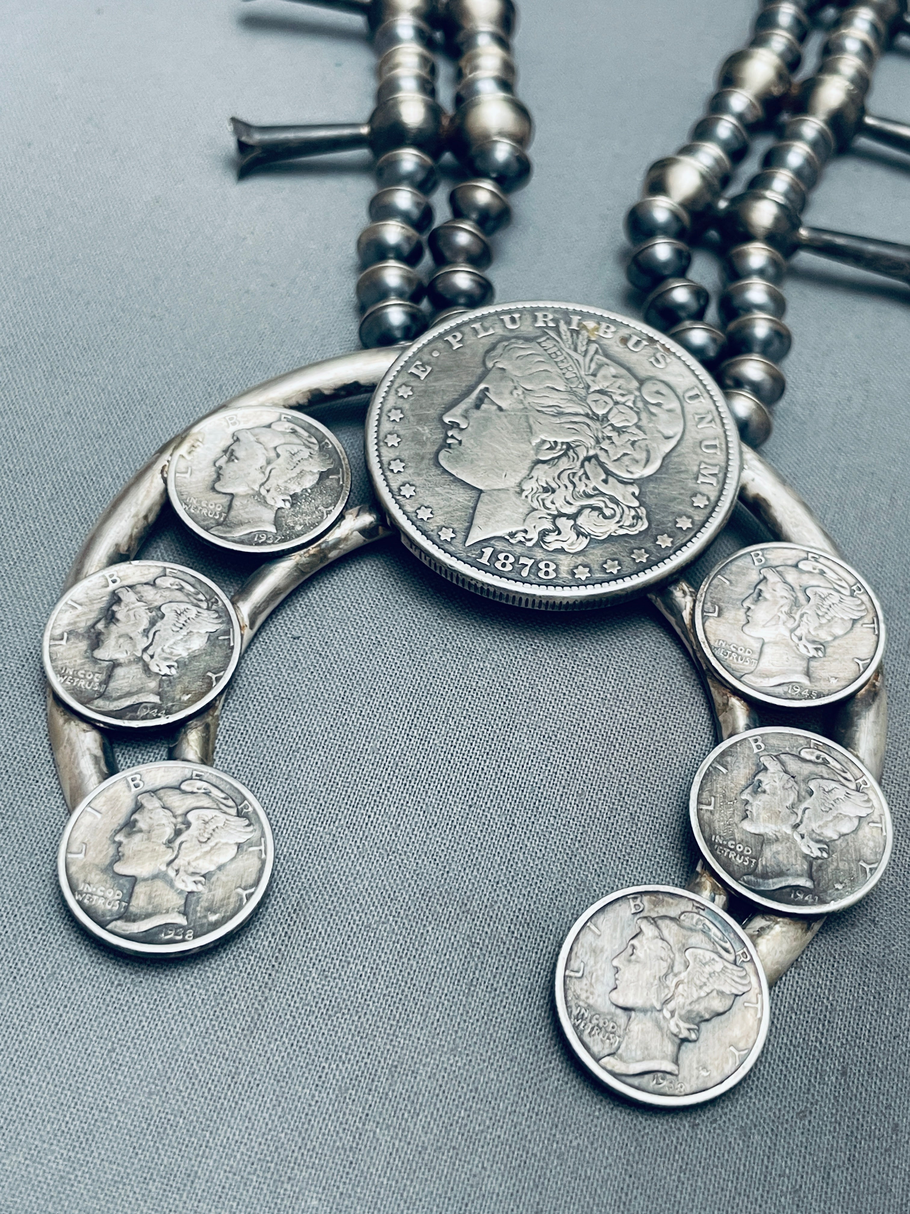 Vintage Navajo Sterling Silver Squash Blossom Necklace - 127g Authentic Native American Coin Jewelry - Perfect for Boho Fashion, Western Wear & Special Occasions