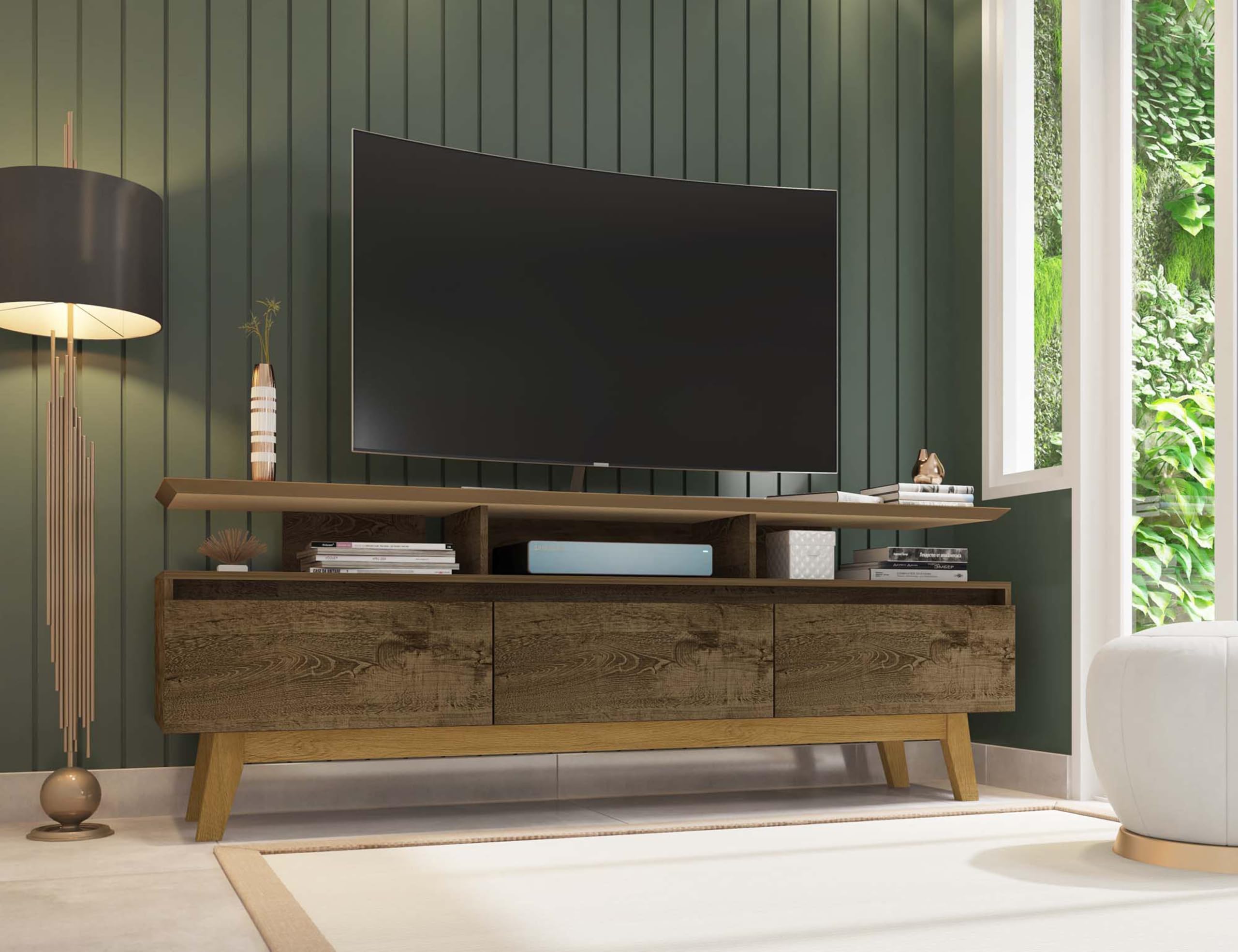 Mid Century Modern TV Stand with Storage - 71 Inch Rustic Brown Media Console, 3 Flip Down Doors & Wire Management Hole, Fits 60