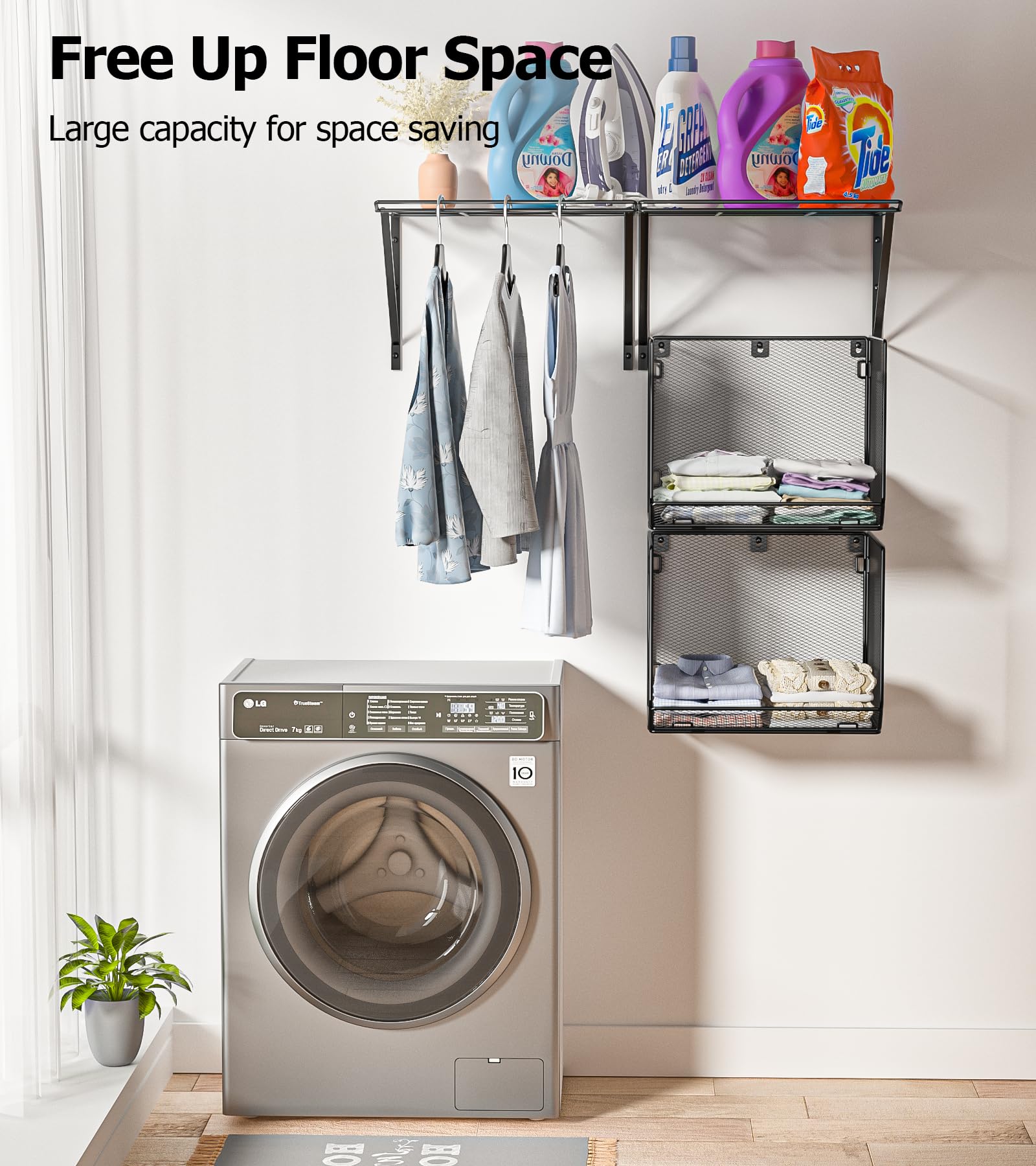 2 Pack Wall Mounted Laundry Shelves with Wire Mesh Basket - Over Washer & Dryer Storage Organizer - Space Saving Clothes Drying Rack (Black) - Perfect for Small Laundry Rooms & Apartment Organization