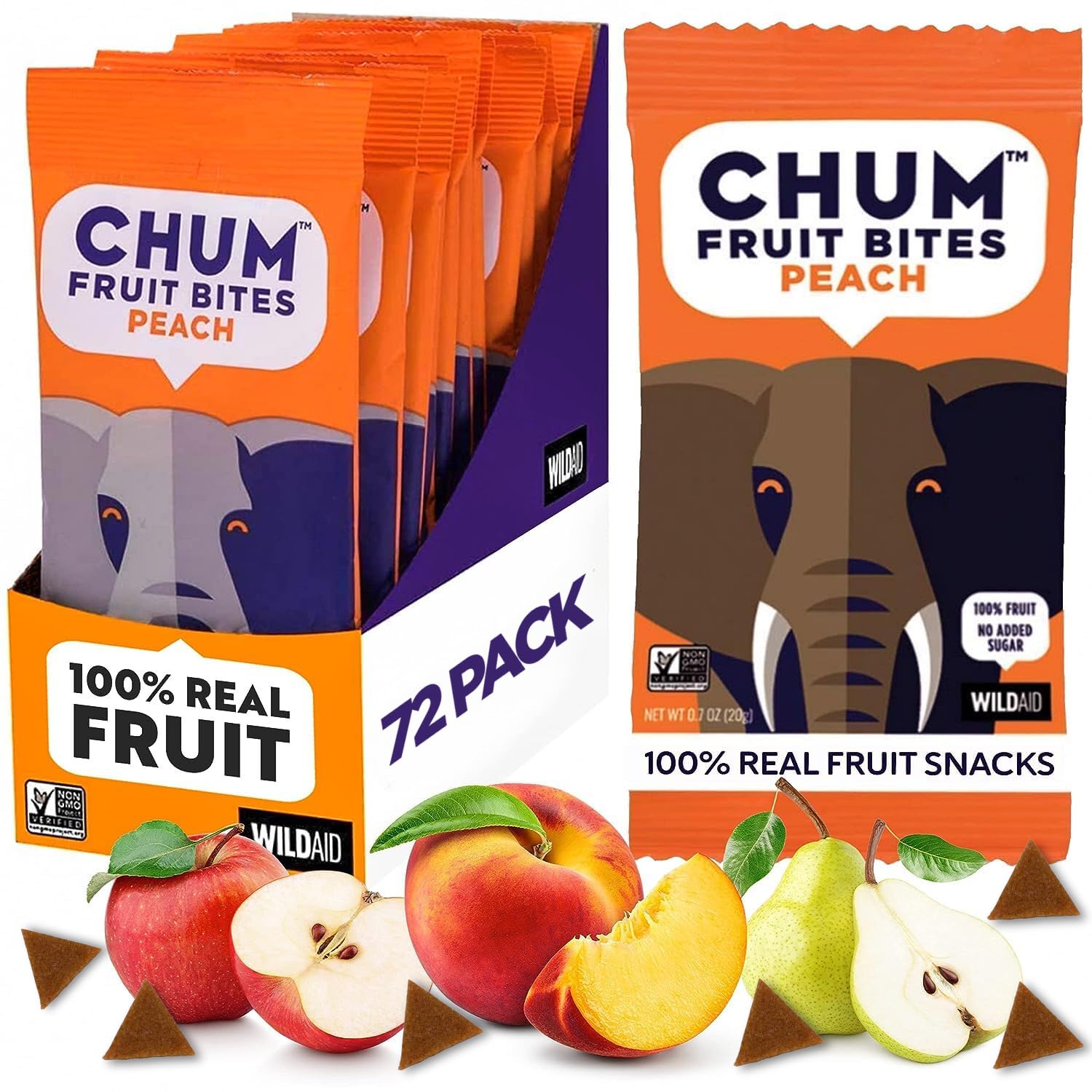 Chum Fruit Bites 100% Real Fruit Snacks - Peach Flavor, 72 Count | Non-GMO, No Added Sugar, Preservative-Free | Allergy-Friendly (Nut-Free, Gluten-Free), Vegan, Kosher & Paleo Certified | Perfect for School Lunches, Healthy Snacking & On-the-Go Nutrition