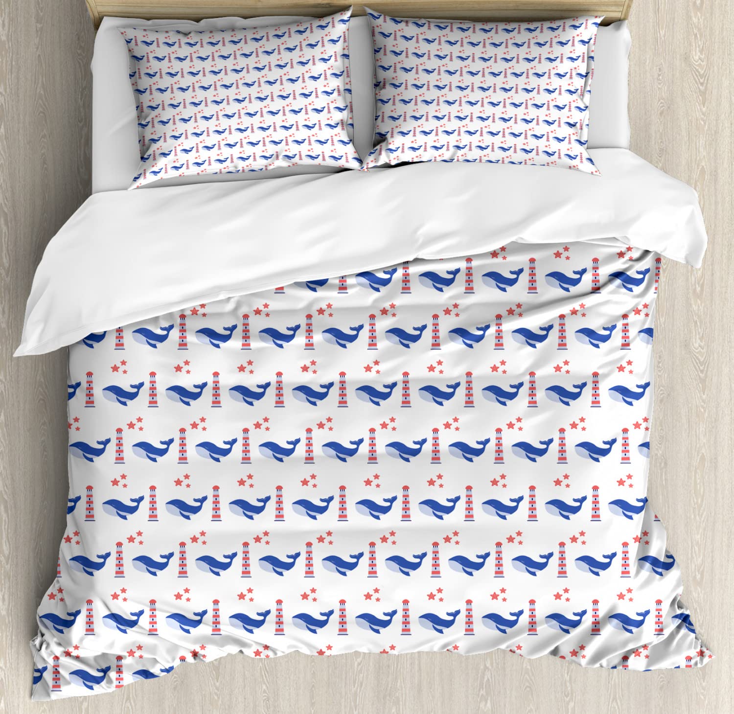 Ambesonne Nautical Blue Duvet Cover Set - Whale Lighthouse Starfish Marine Theme Bedding - 2 Twin Size Duvet Covers & 2 Pillowcases - Violet Blue Ceil Blue - Perfect for Beach House, Coastal Decor & Kids Room