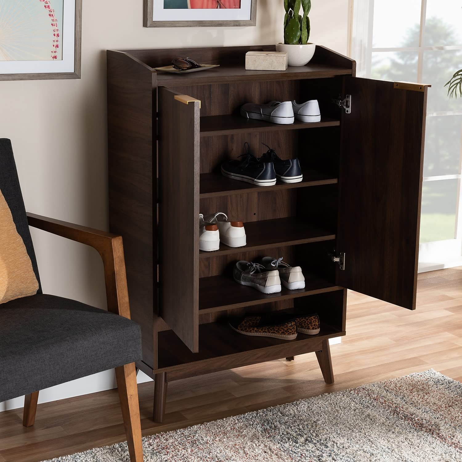Baxton Studio Lena Mid-Century Modern 5-Shelf Shoe Cabinet - Solid Wood Entryway Storage with Walnut Brown Finish | Perfect for Small Spaces, Hallway Organization & Shoe Storage Solutions