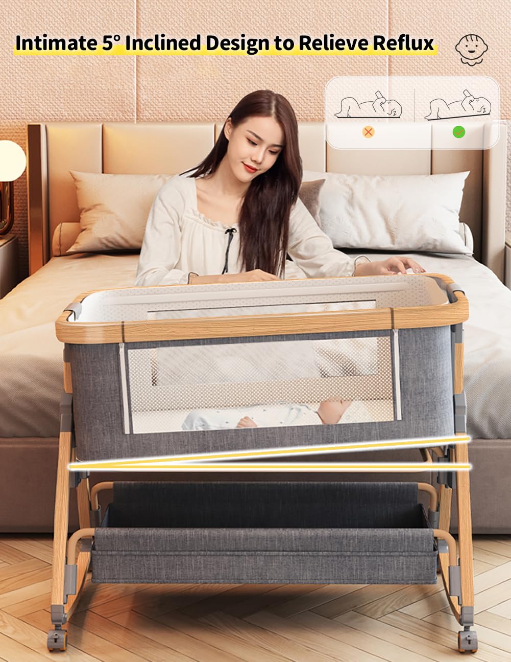 Bonbay 4-in-1 Portable Baby Bassinet with Wheels, Mosquito Net & Storage Basket - Adjustable Height Bedside Sleeper for Newborns | Nursery, Bedroom & Travel Use