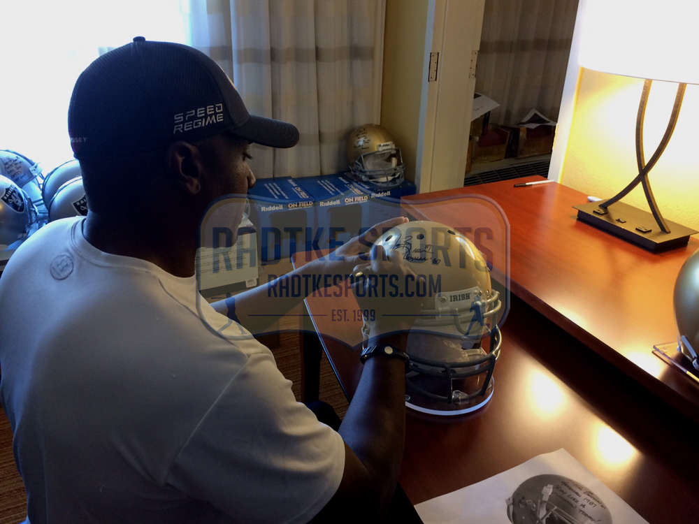 Tim Brown Autographed Notre Dame Fighting Irish Riddell Authentic NCAA Football Helmet with Career Stats - Signed Collectible Memorabilia for Sports Fans and Man Cave Decor