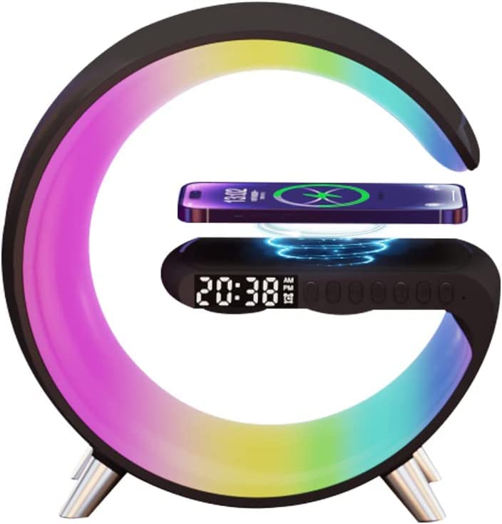 BKDRL Portable Bluetooth Speaker with Wireless Charger - Mini Wireless Speaker, RGB Night Light, Alarm Clock & Charging Station, App Control, Atmosphere Lamp (Black) | Perfect for Bedroom, Office, Travel & Home Decor