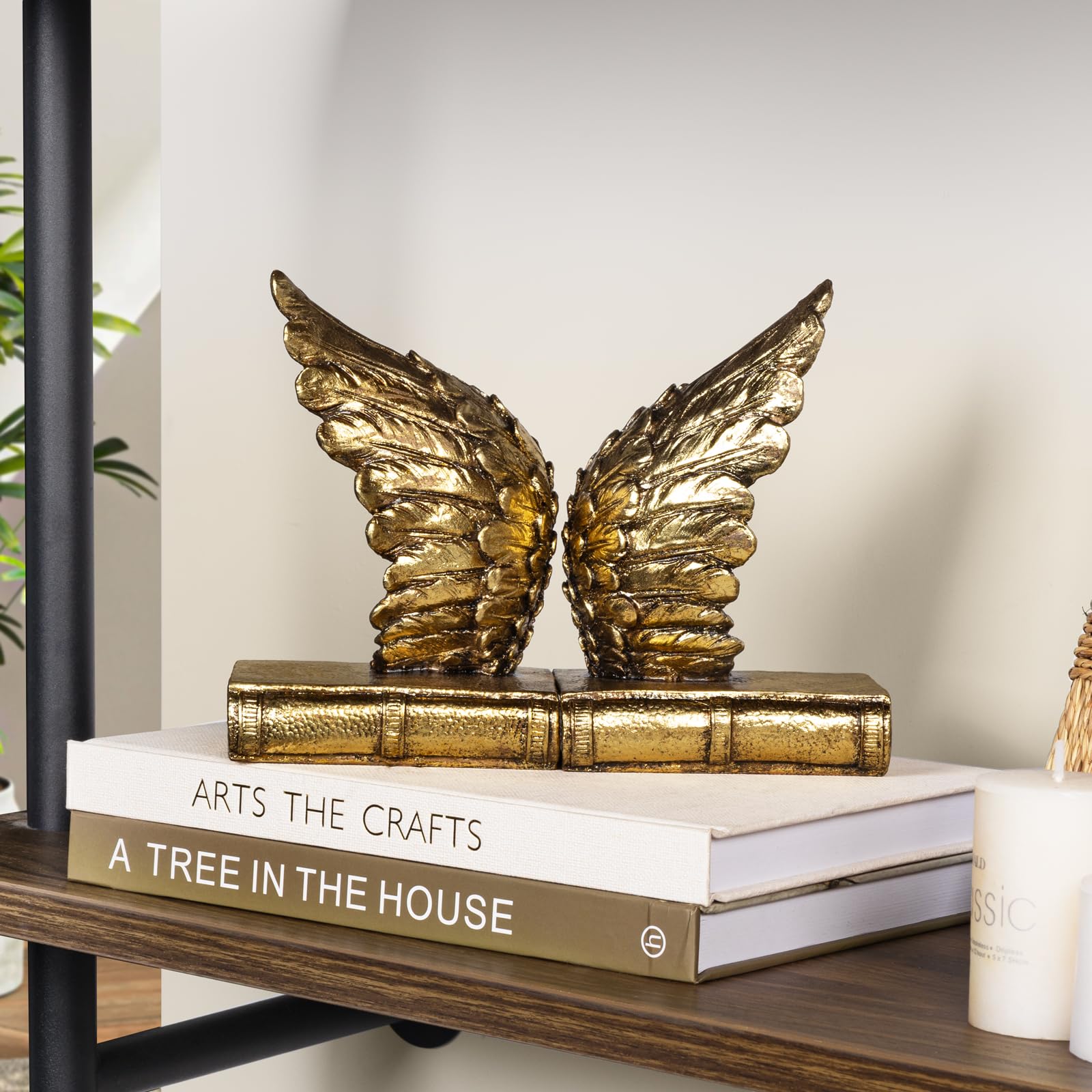 Heavy Duty Decorative Bookends with Anti-Slip Base - Lucky Wings Design for Shelves, Magazines & Heavy Books - Gold Home Office Decor for Study, Library & Workspace Organization