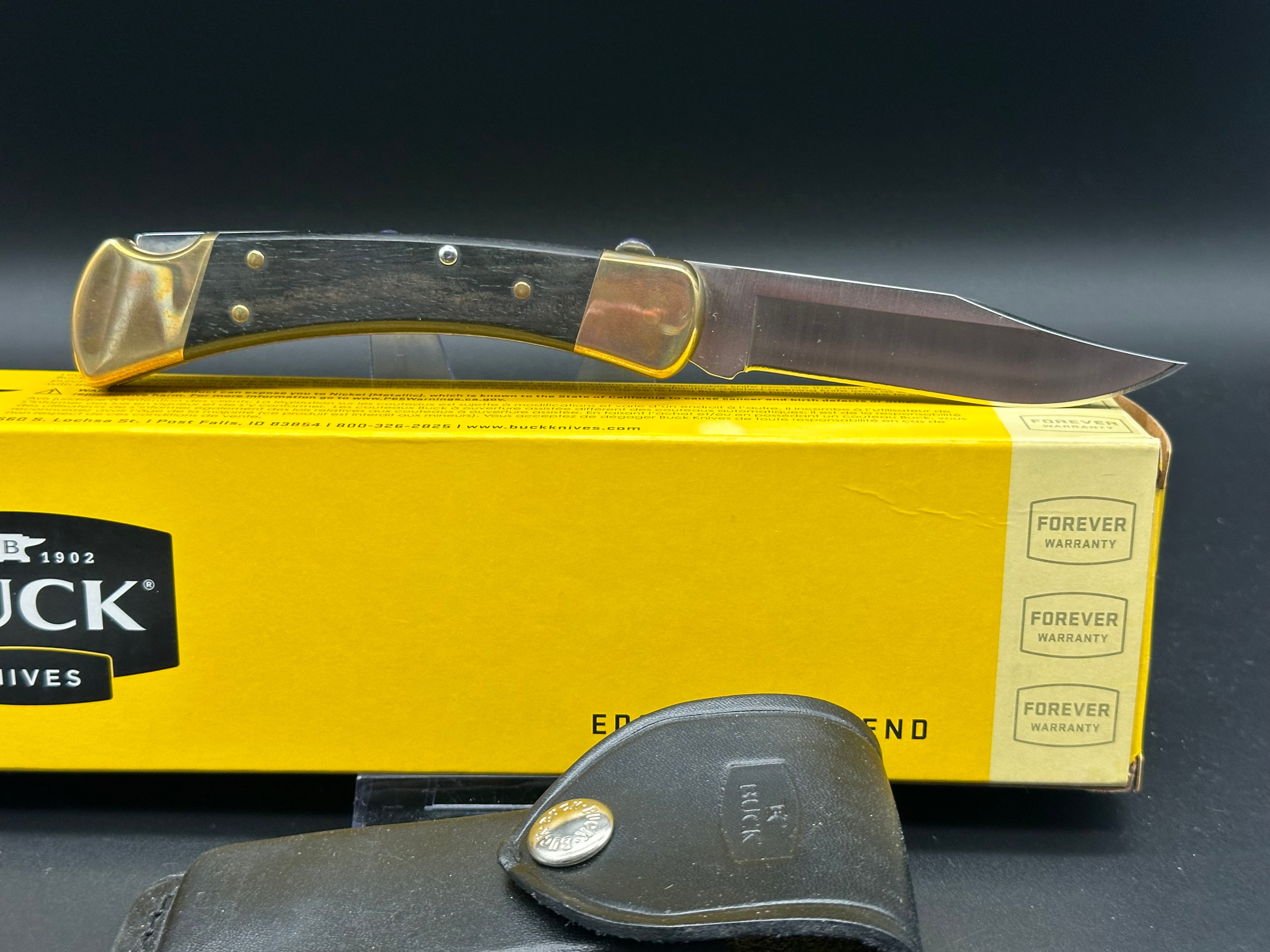 Buck 110 Automatic Folding Knife - Ebony Wood & Brass Handle, 420HC Stainless Steel Blade with Leather Sheath - Perfect for Hunting, Camping & Everyday Carry (EDC)