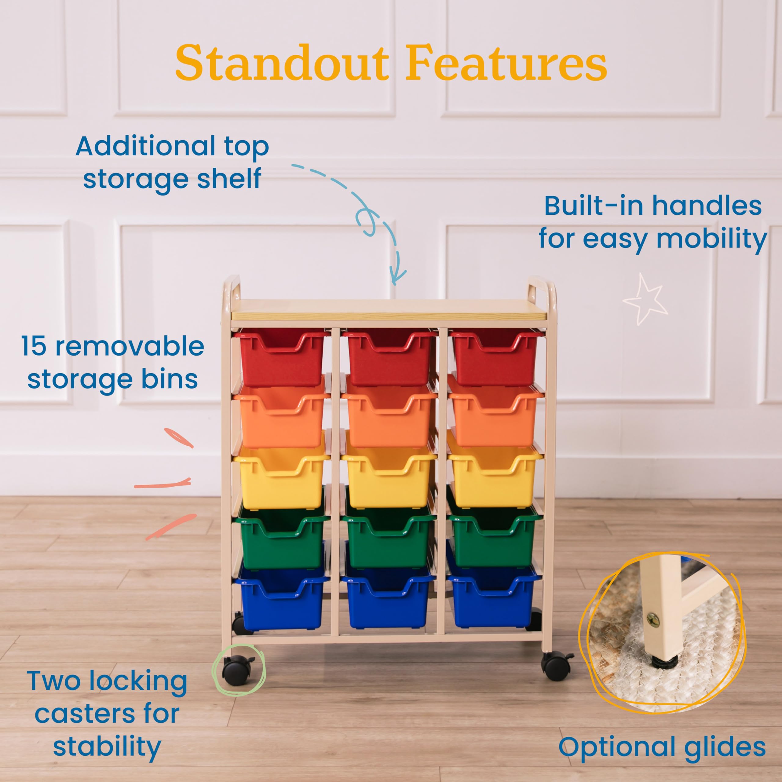 ECR4Kids Mobile Organizer Cart with 15 Storage Bins - Classroom & Home Organization for Toys, Art Supplies, Books | Rolling Storage Unit for Teachers, Kids, Craft Rooms & Playrooms