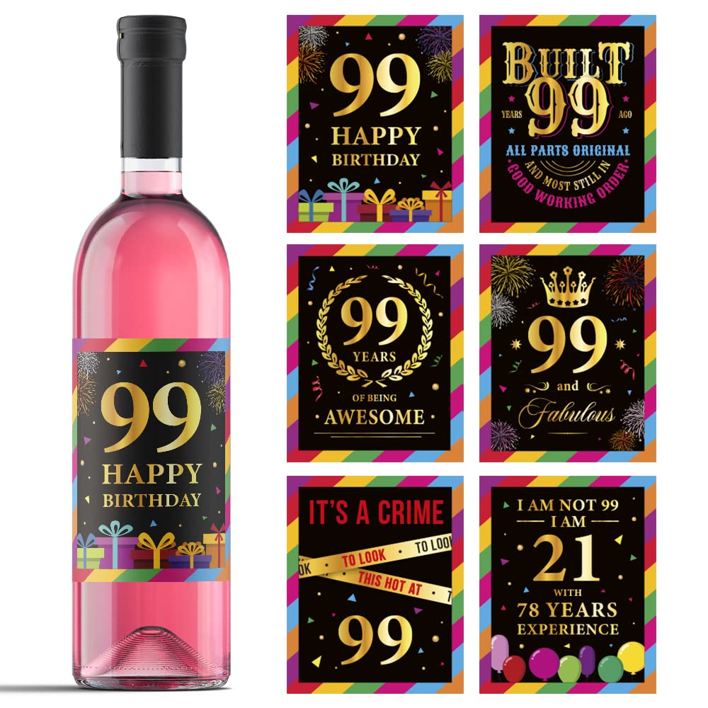 99th Birthday Wine Labels - Set of 6 Personalized Wine Bottle Stickers for 99 Years Old Birthday Party Decorations - Perfect Gift Idea for Anniversary Celebrations - Great for Wine Gifts, Milestone Birthdays & Special Occasions