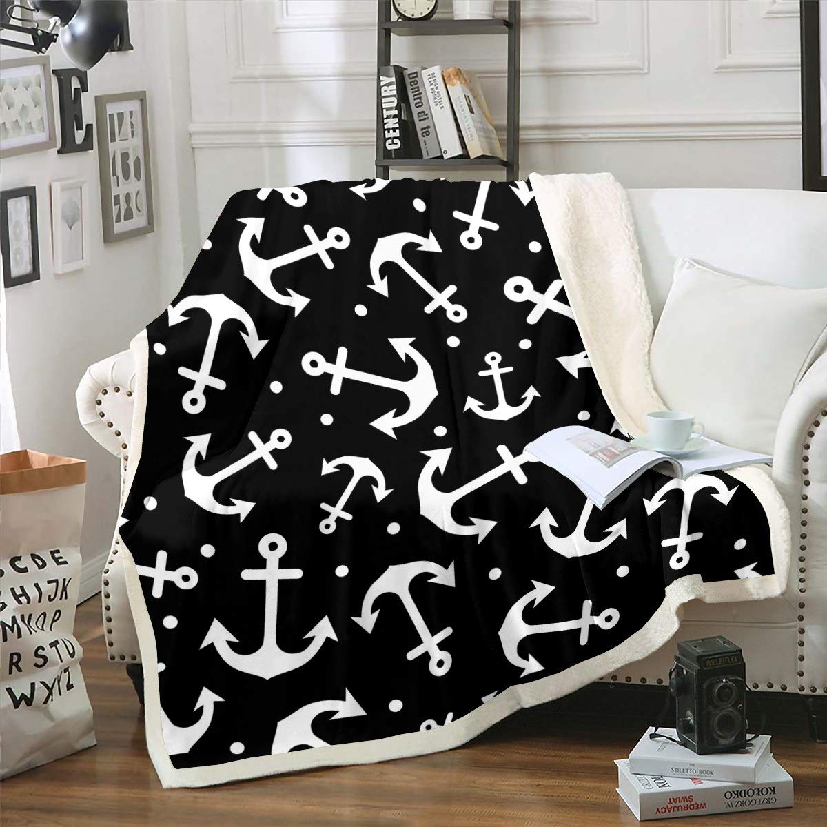 Feelyou Boys Anchor Fleece Blanket - Nautical Cartoon Sherpa Throw Blanket 50x60 Inches, Black & White Polka Dot Ocean Theme Plush Blanket for Couch, Sofa & Bed - Cozy Fuzzy Blanket for Kids Room Decor, Movie Nights & Winter Warmth