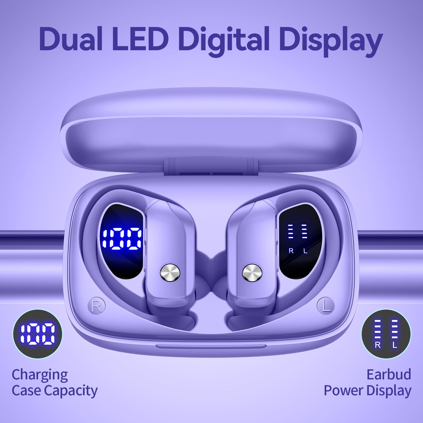 Bmani Wireless Bluetooth Earbuds - 48H Playback, LED Display, Built-in Mic, Over-Ear Sport Headphones with Earhooks for Running, Gym & Workout (Purple) - Perfect for Fitness, Commuting & Outdoor Activities