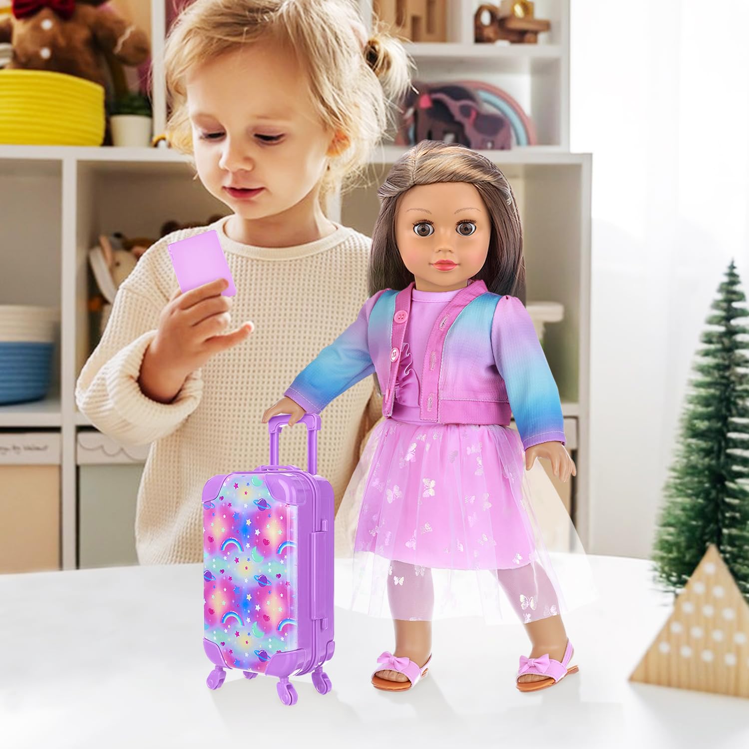 18 Inch Doll Travel Luggage Set with Carrier, Clothes, Shoes & Accessories for Girls - Perfect for Travel, Playdates & Pretend Play (No Doll Included)