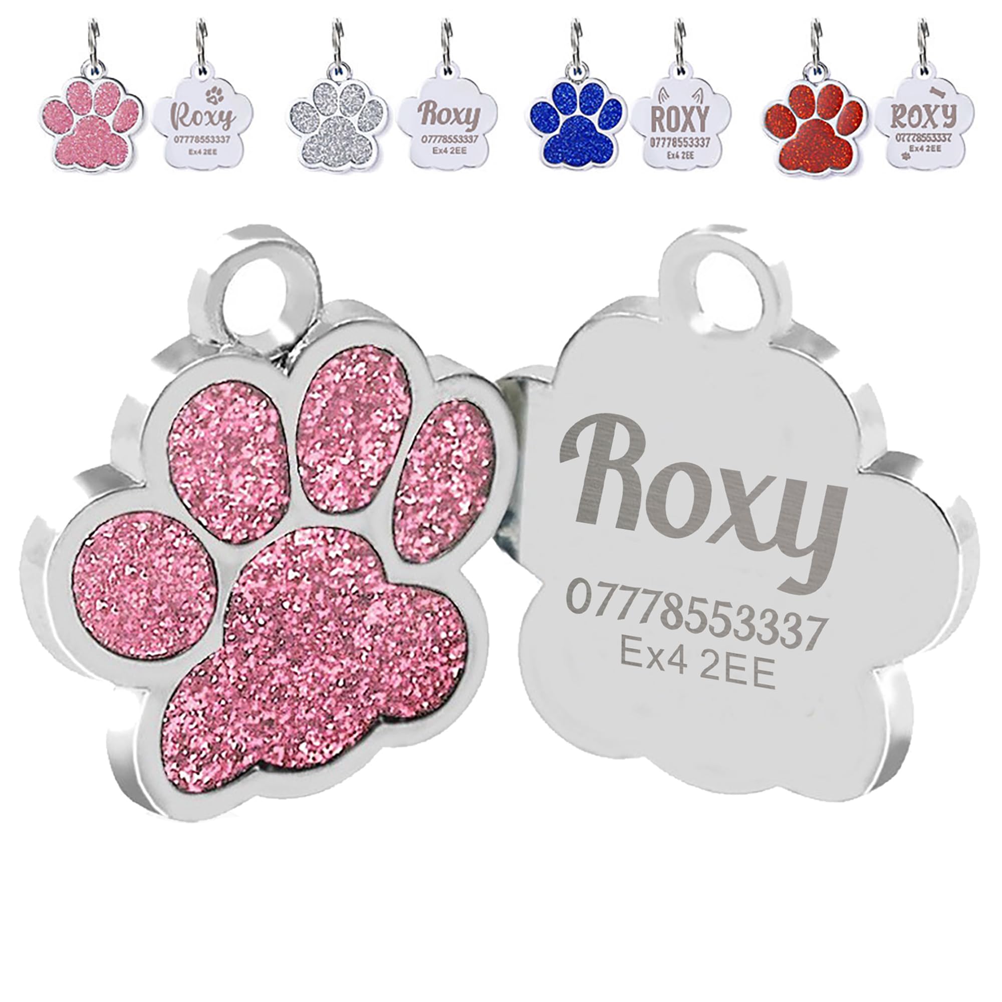 Personalized Dog Tags for Pets - Custom Engraved Name ID Tags with Glitter Bling & Paw Print (Pink Design 1) - Perfect for Dogs & Cats, Great for Identification, Gifts, and Everyday Wear