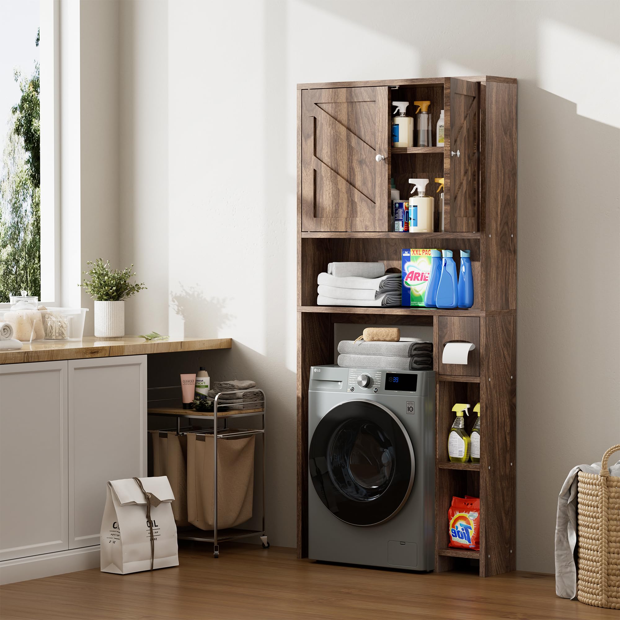 Meilocar Over The Toilet Storage Cabinet - Farmhouse Style Bathroom Organizer with Adjustable Shelf & Toilet Paper Holder | Freestanding Space Saver for Small Bathrooms | Perfect for Toiletries, Towels & Bathroom Essentials (Walnut)