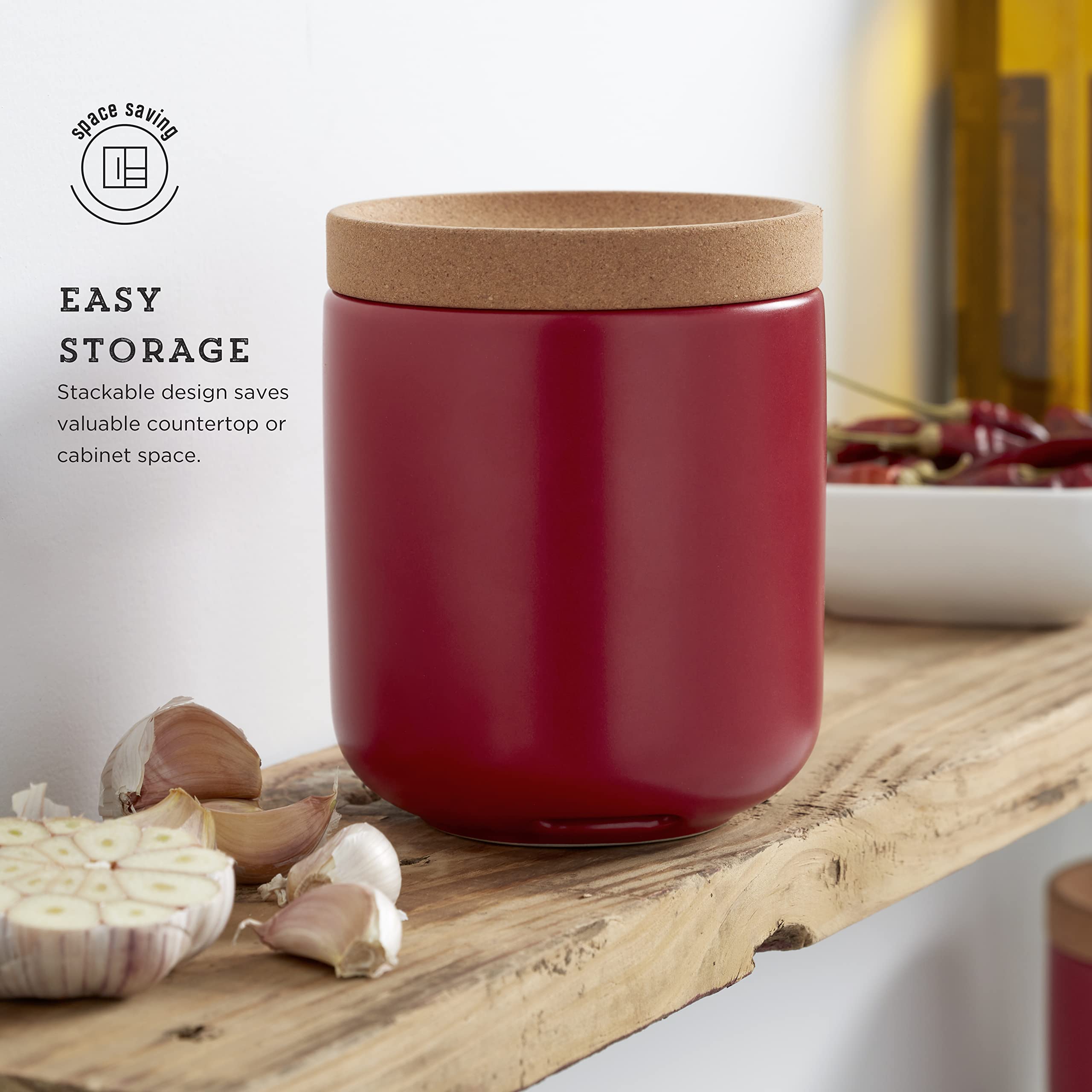 Ceramic & Cork Breathable Garlic Keeper - Stackable Space-Saving Design with Natural Cork Lid & Red Ceramic for Fresh Garlic Storage - Perfect for Kitchen, Pantry, and Countertop Organization