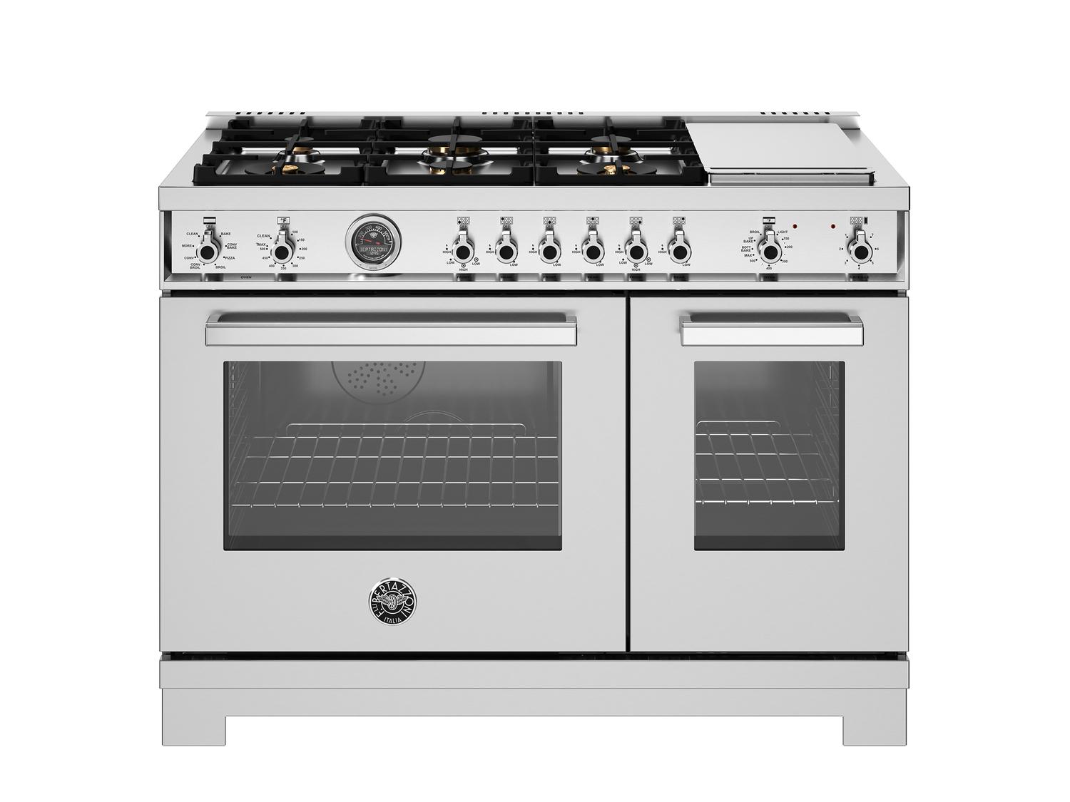 Bertazzoni PRO486BTFEPXT 48 Inch Dual Fuel Range with 6 Brass Burners & Griddle - Stainless Steel Electric Self-Cleaning Oven for Professional Kitchens & Home Chefs