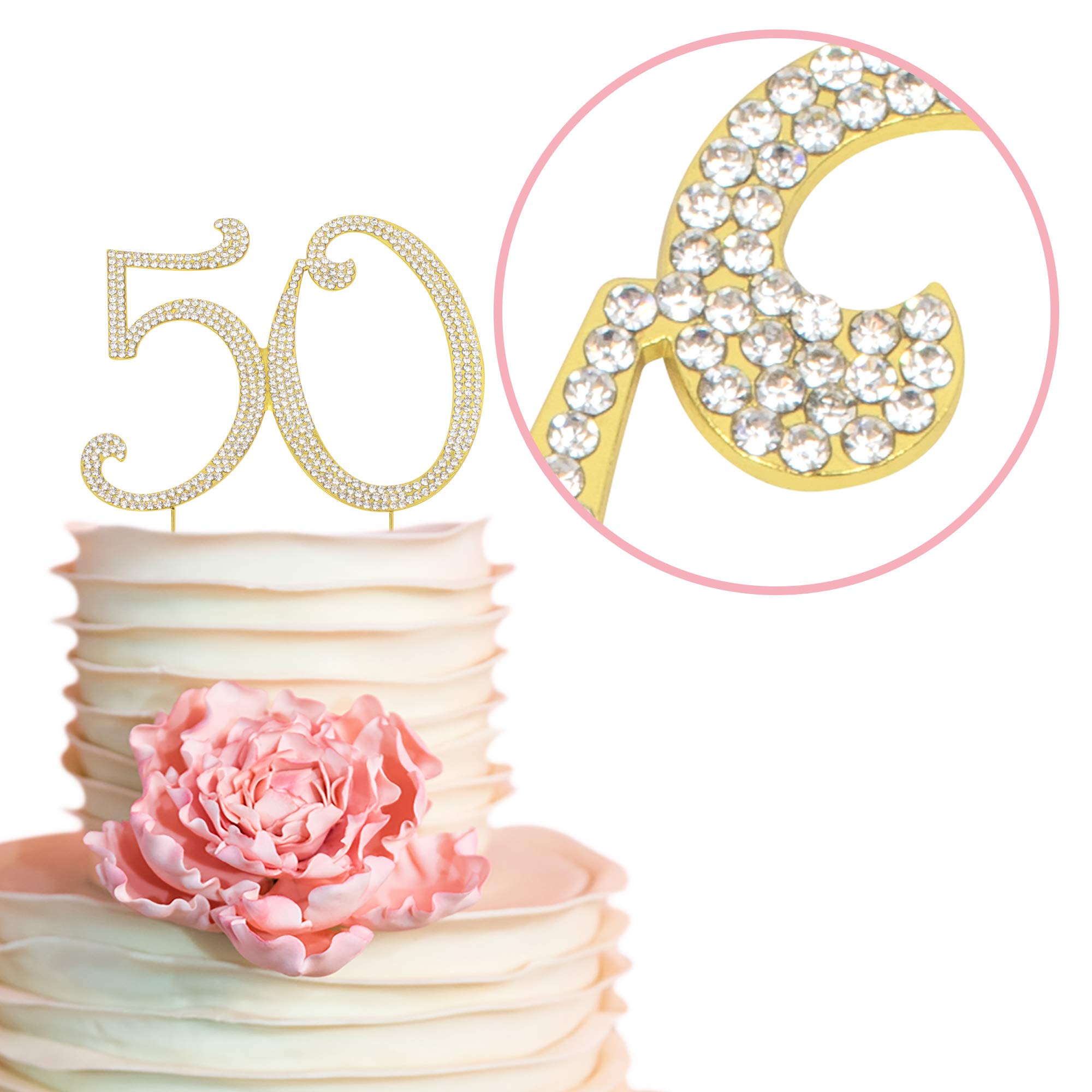 50th Birthday Cake Topper - Premium Gold Metal with Sparkly Rhinestones - Elegant Golden Anniversary Party Decoration & Centerpiece - Comes in Protective Box - Perfect for Milestone Celebrations & Wedding Anniversaries