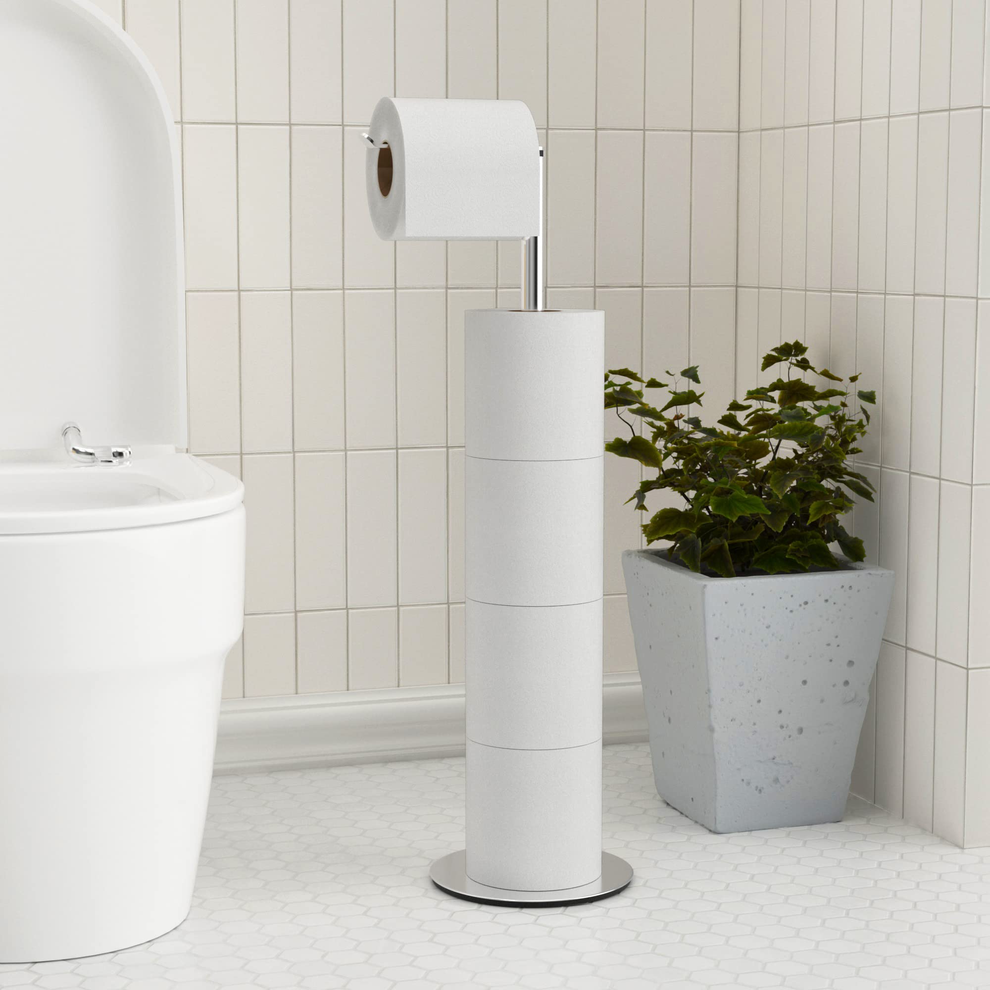 Stainless Steel Free-Standing Toilet Paper Holder Stand with 4-Roll Dispenser | Bathroom Tissue Storage Shelf for Home, Office & RV Use