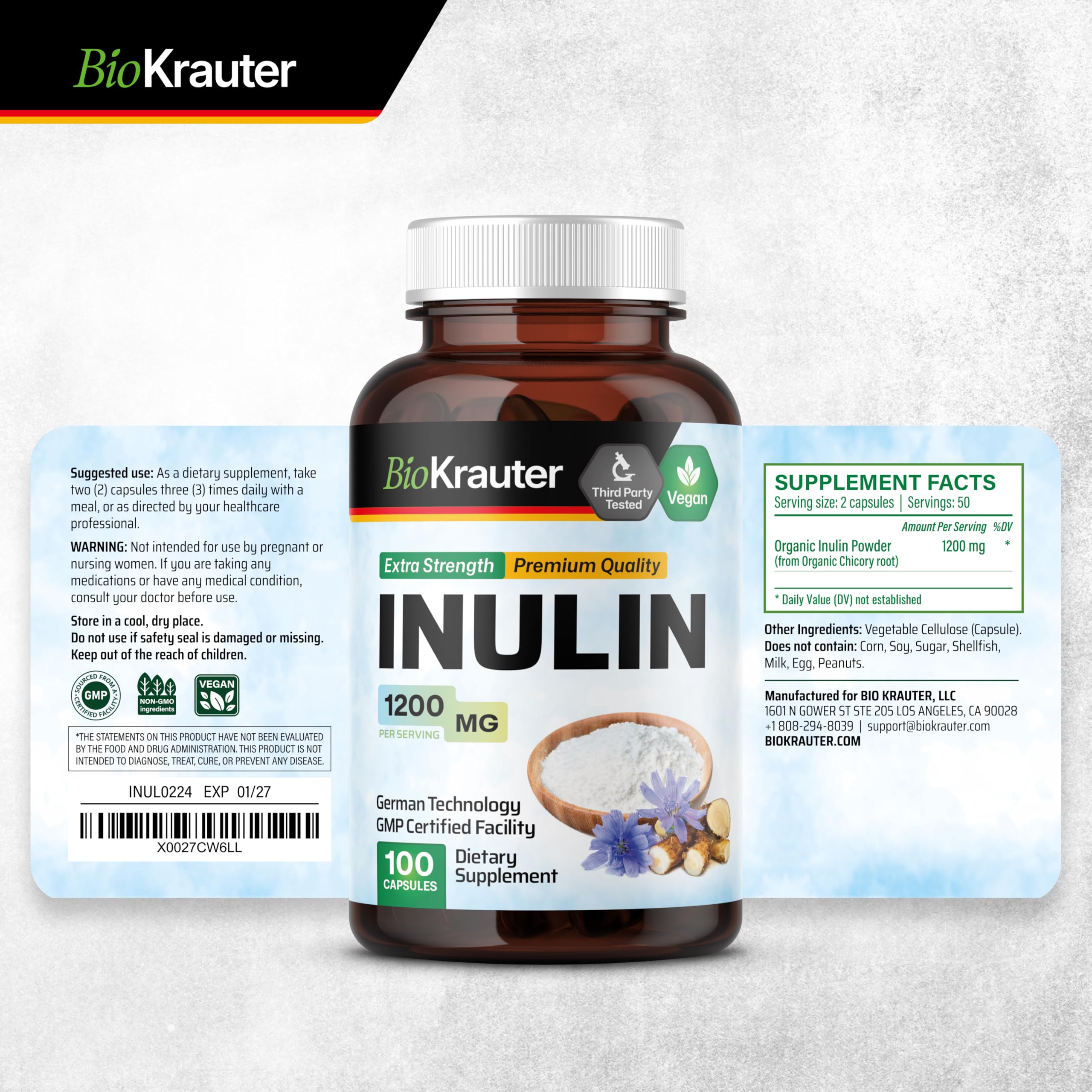 BIO KRAUTER Inulin Powder Capsules 1200mg - 100 Count Pure Soluble Fiber Supplement | Chicory Root Fiber for Digestive Support | Vegan, Non-GMO | Supports Gut Health & Weight Management | Perfect for Smoothies, Coffee & Baking