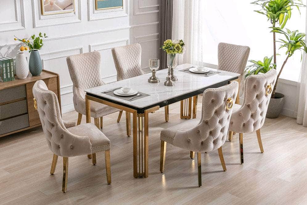 Wolfville 7-Piece Ceramic Marble Dining Table Set with Gold Stainless Steel Legs - Elegant Modern Kitchen & Dining Room Furniture for Family Gatherings & Dinner Parties