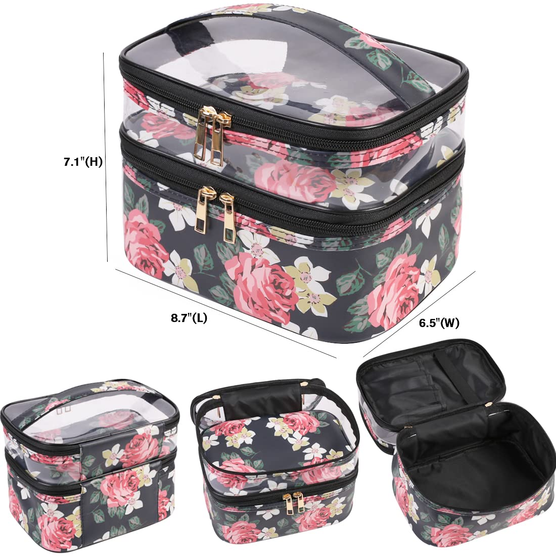 FITINI Double Layer Water-resistant Makeup Bag for Women - Travel Cosmetic Organizer with Brush Holder, Toiletry Storage Case (Black Peony) | Perfect for Travel, Gym, and Daily Makeup Organization