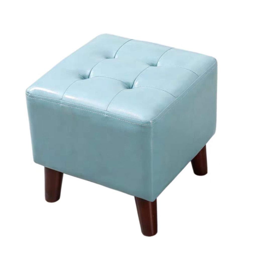 Nordic Square Leather Footstool with Solid Wood Legs - Sky Blue Small Ottoman for Living Room, Bedroom, or Office - Stylish Footrest, Sofa Stool & Creative Home Decor