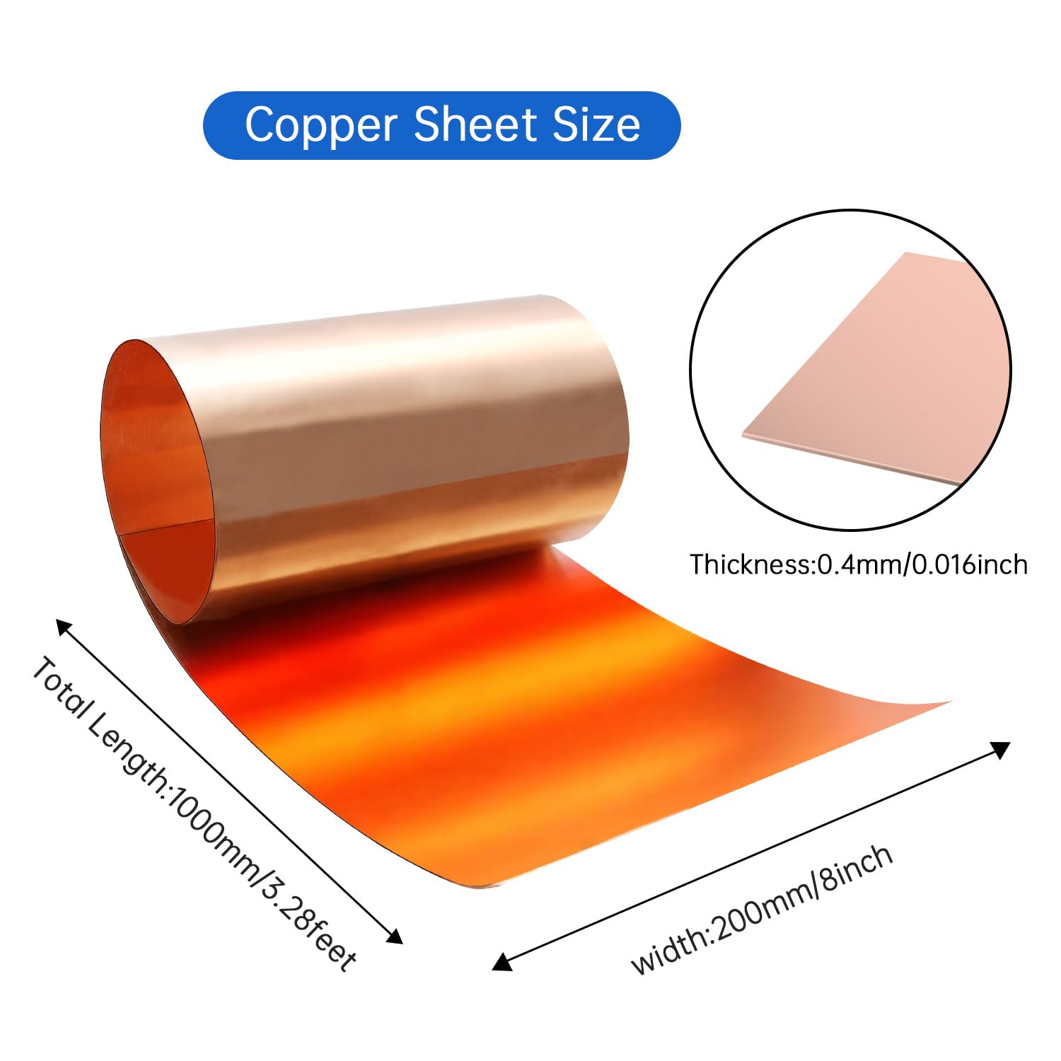 Premium Copper Sheet Roll 1000x200x0.4mm (40x8x0.016 inches) - Heavy Duty Copper Flashing for Roofing, Gutters, HVAC & DIY Crafts - Ideal for Home Repair, Metalworking & Art Projects