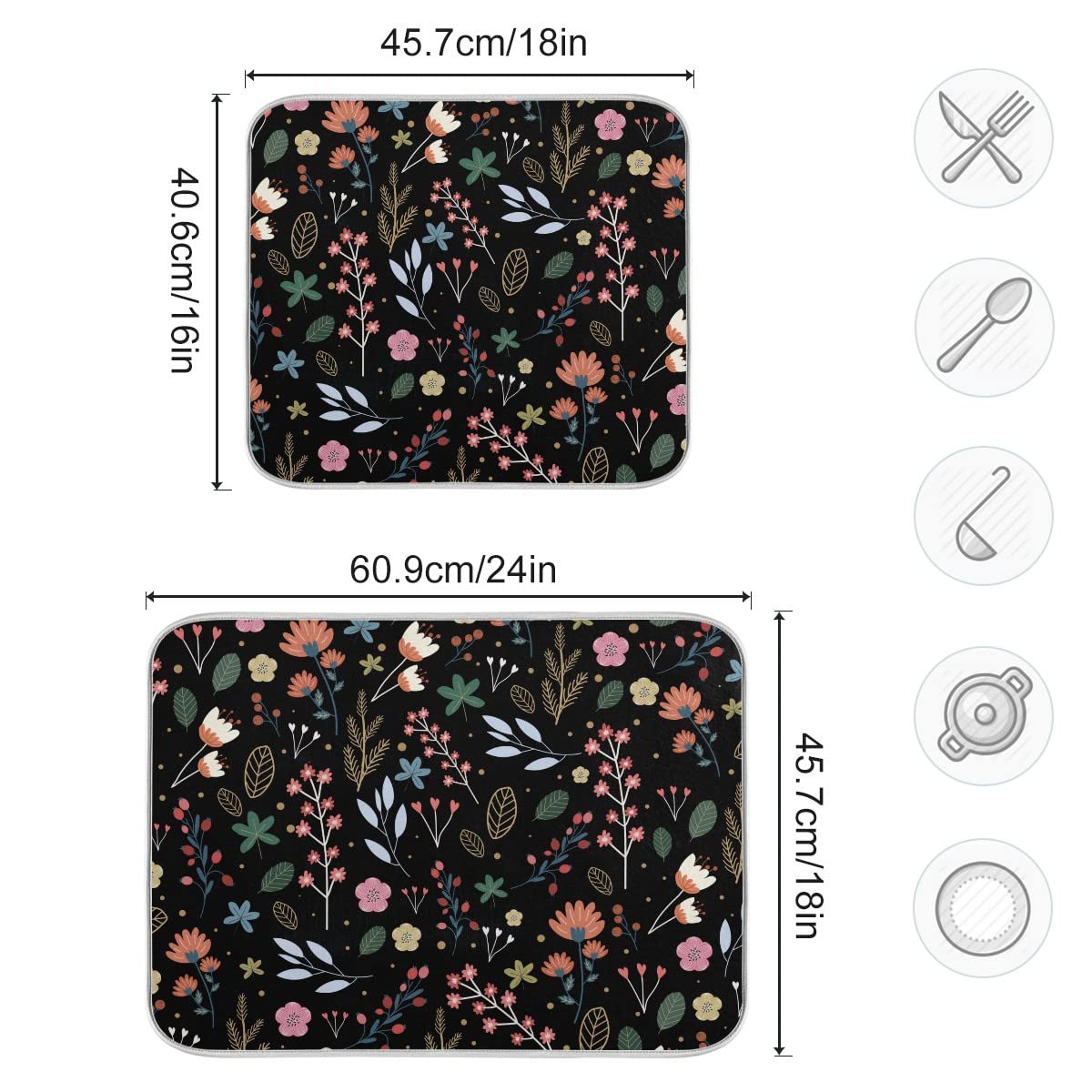 Absorbent Microfiber Dish Drying Mat - Black Floral 18x24in for Kitchen Countertop | Fast-Dry Reversible Pad