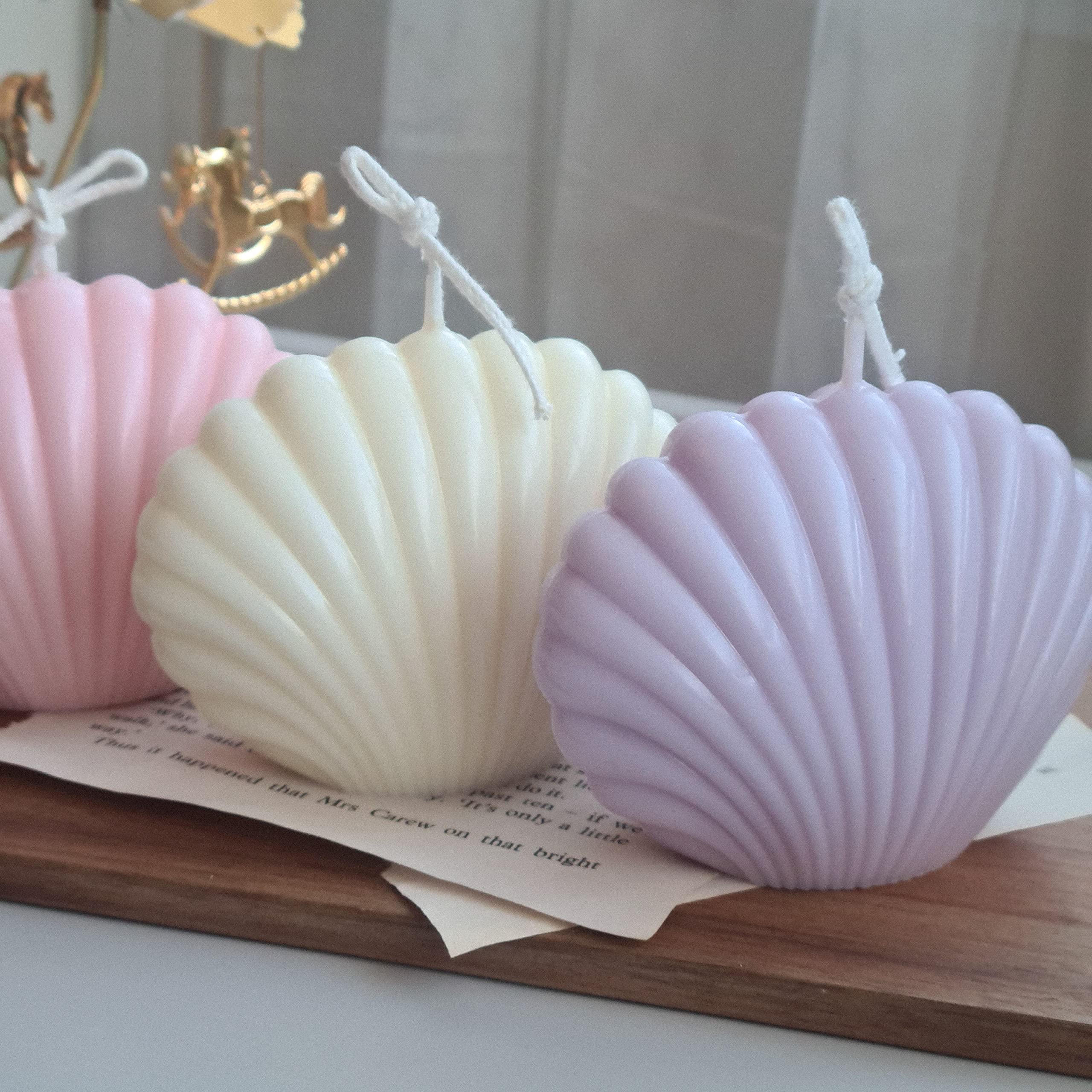 THE UMBRELLA STORE 3-Pack Sea Shell Candles - Unscented 100% Soy Wax in Pink, White & Lavender - Perfect for Beach Weddings, Spa Decor & Coastal Home Decor