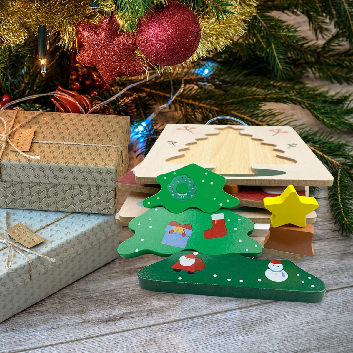Anditoy 4 Pack Christmas Wooden Puzzles for Kids - Holiday Learning Toys for Toddlers, Stocking Stuffers, Party Favors & Christmas Gifts (Perfect for Classroom Activities, Family Game Night & Holiday Celebrations)