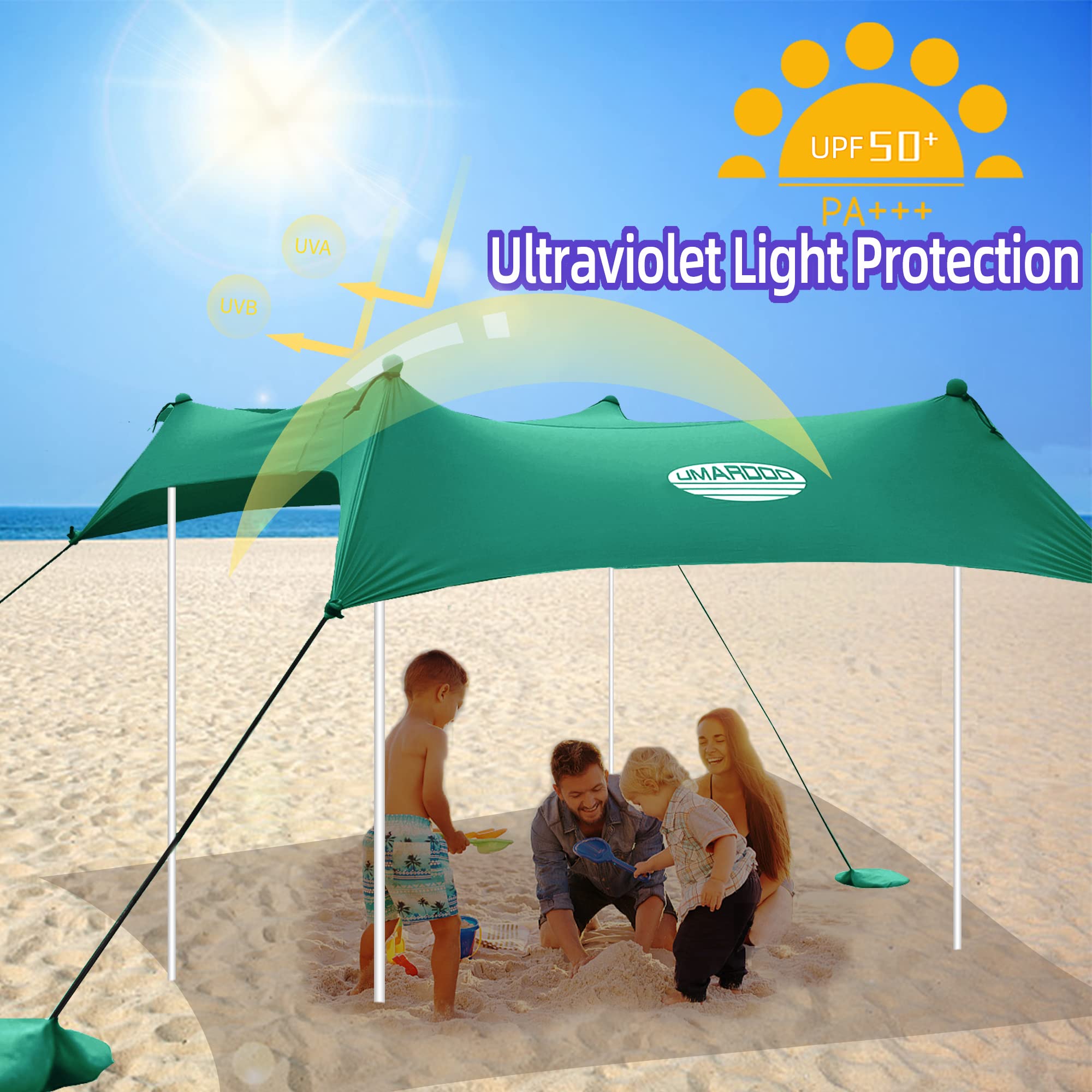 UMARDOO 10x10 FT Portable Beach Tent - Easy Setup Sun Shelter with Carry Bag, Compact & Lightweight for Family Outdoor Travel, Picnics, Camping & Beach Days (Green, 4 Poles)