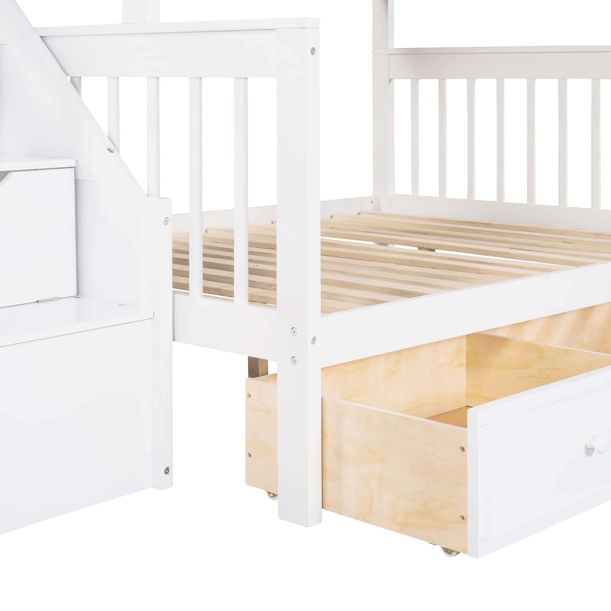 Harper & Bright Designs L-Shaped Triple Bunk Bed with 3 Storage Staircase & Drawers - Twin Over Full Bunk Bed & Twin Loft Bed for 3 - Space-Saving Wooden Bunk Bed with Storage for Kids, Teens & Adults (White) - Perfect for Small Bedrooms, Guest Rooms & Vacation Homes