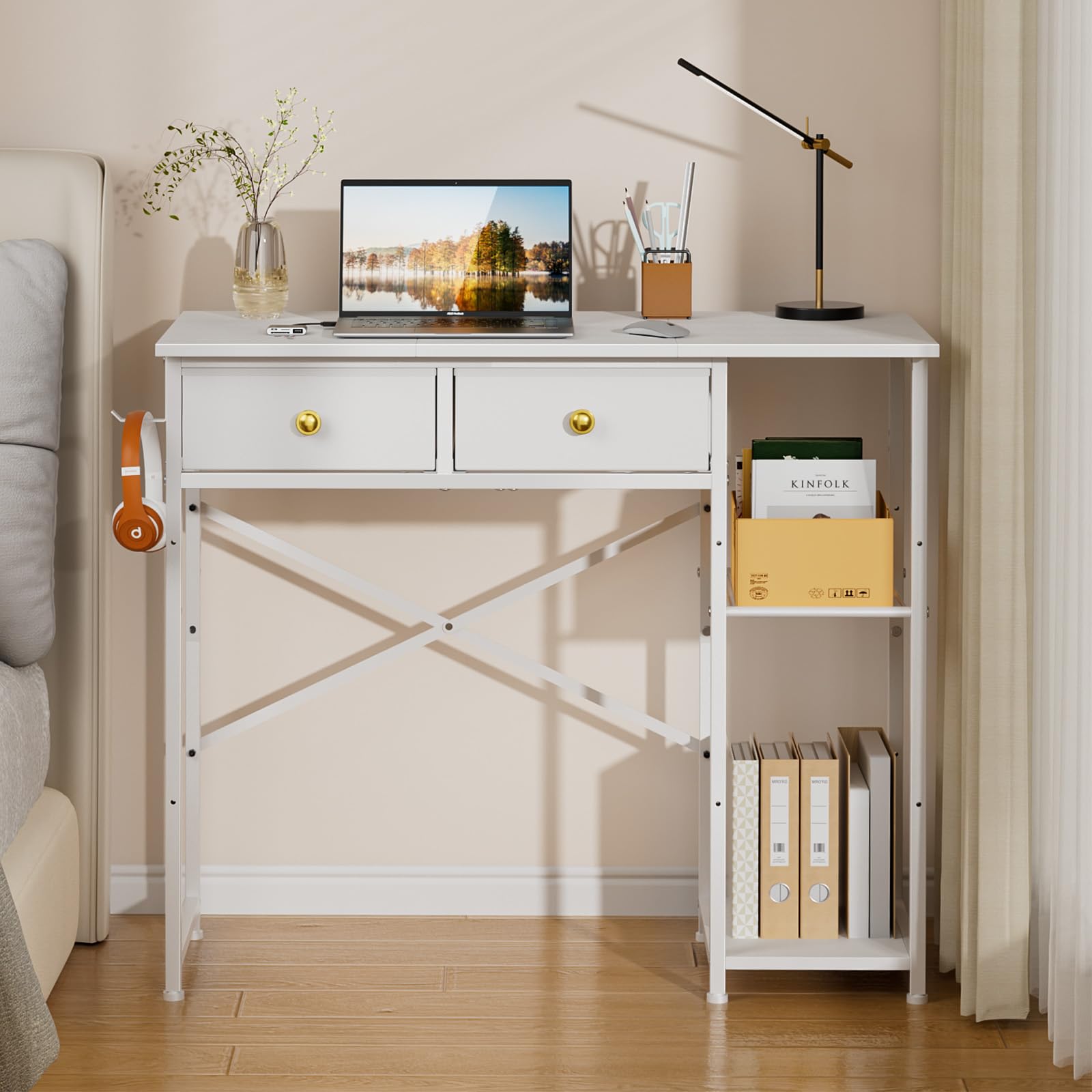 White Computer Desk 36 Inch - Small Desk with Drawers & Storage Shelves, Compact Home Office Desk for Bedroom, Living Room, Dorm | Space-Saving Vanity Desk for Small Spaces (White) - Perfect for Remote Work, Study & Makeup Station