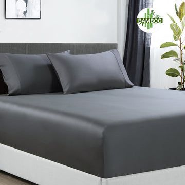 400 Thread Count Bamboo Cotton Fitted Sheet Set with 2 Pillowcases - Single Size, Charcoal Gray - Soft & Breathable for Bedroom, Guest Room, or Dorm