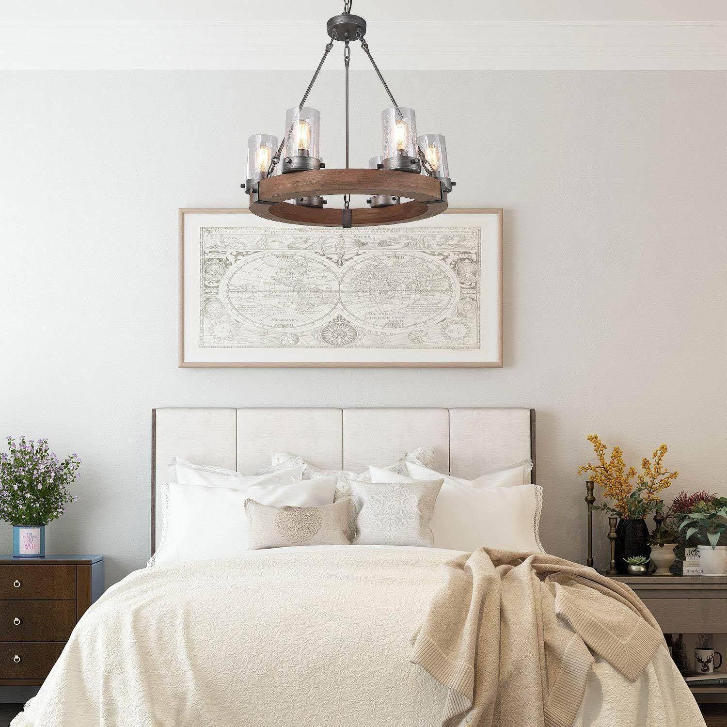 LALUZ Rustic Farmhouse Chandelier - 6-Light Wood Wagon Wheel Ceiling Light with Seeded Glass Shades for Dining Room, Living Room, Bedroom & Entryway | Perfect for Country Style Home Decor & Cabin Lighting