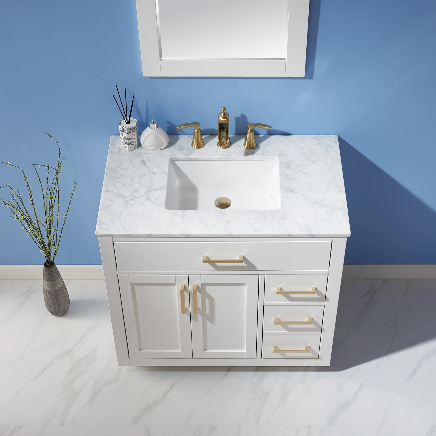 Ivy 36 Inch Single Bathroom Vanity Set with Carrara White Marble Countertop - Modern Sink Cabinet for Small Bathrooms, Powder Rooms & Guest Baths