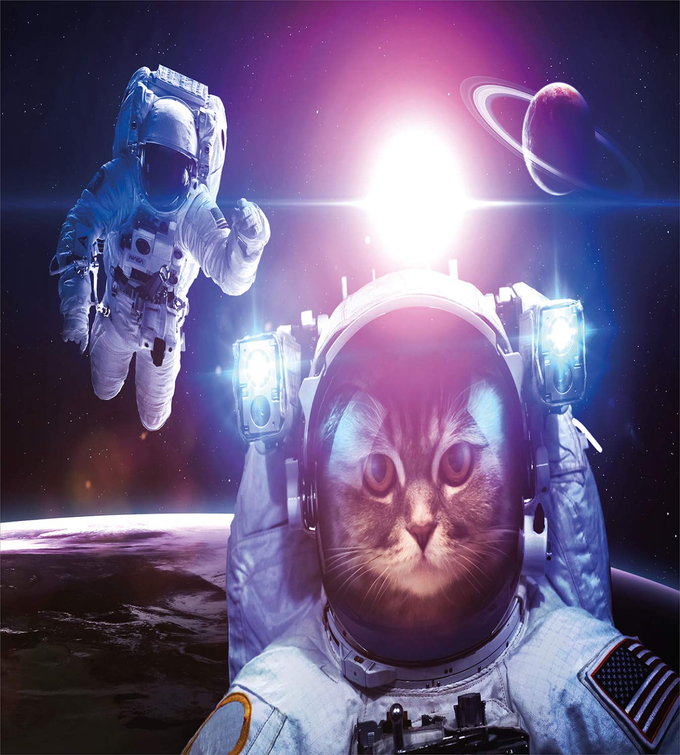 Ambesonne Space Cat Duvet Cover Set - King Size 2-Piece Dark Blue Purple Galaxy Print with Astronauts & Saturn Eclipse | Includes 2 Duvet Covers & 4 Pillowcases | Perfect for Sci-Fi Themed Bedrooms & Space Enthusiasts