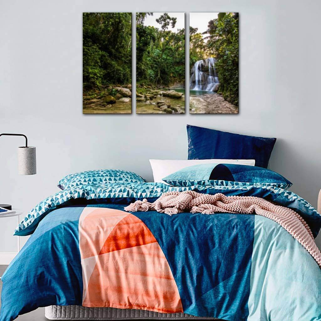 Stunning Gozalandia Waterfall in San Sebastian Puerto Rico Canvas Wall Art - 3 Panel Natural Landscape Paintings for Living Room & Bedroom Decor - Tropical Waterfall Poster for Home, Office & Vacation House Wall Decoration