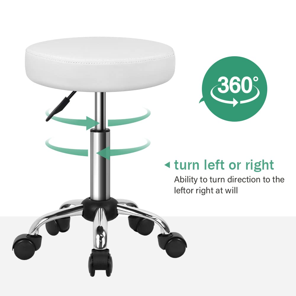 FURWOO Adjustable Salon Chair with Wheels - Rolling Stool for Spa, Massage, Salon, Home & Office - Ergonomic White Stool for Hairdressers, Tattoo Artists & Beauty Professionals - Perfect for Small Spaces & Mobile Services