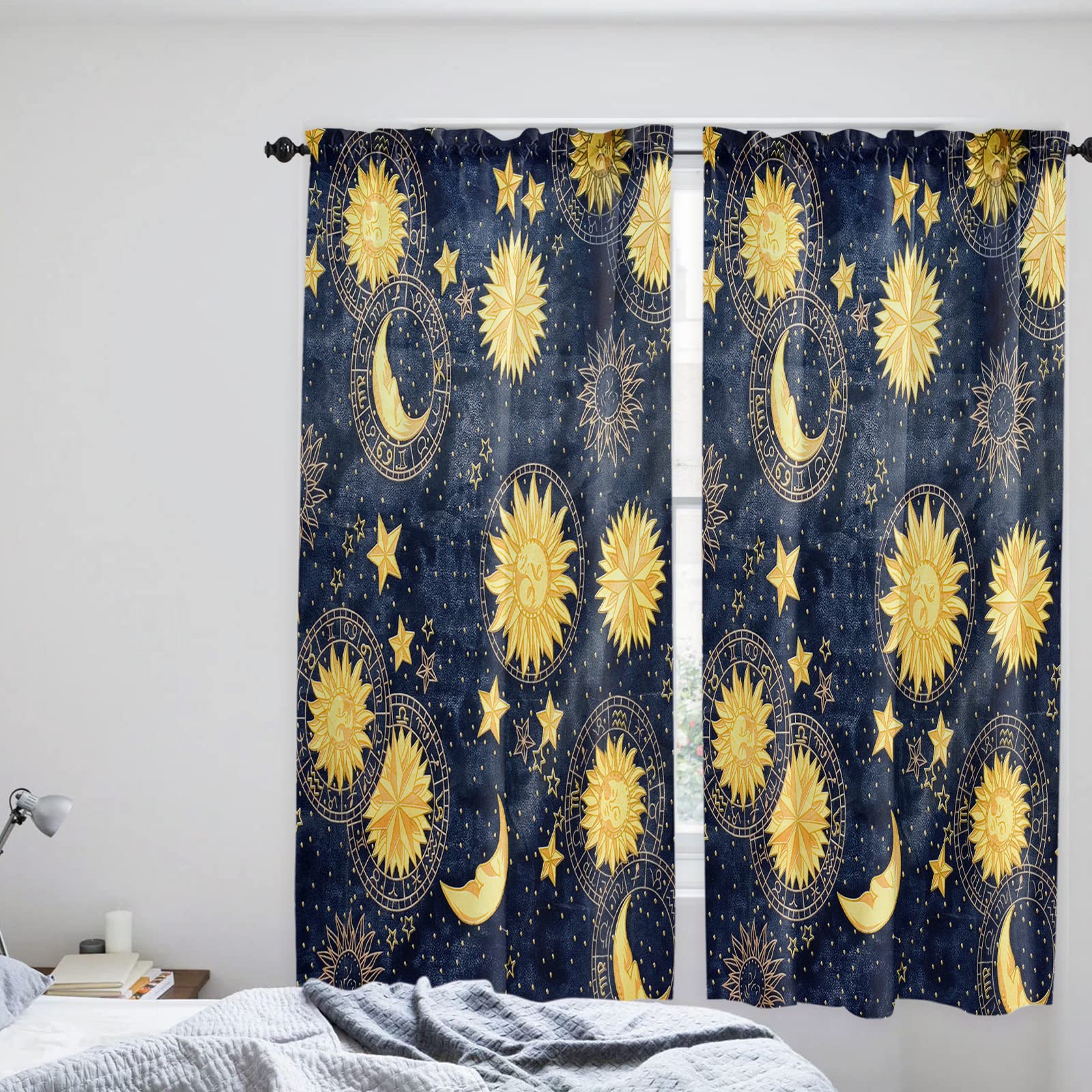 72 Inch Yellow Moon and Star Print Kitchen Curtains - 2 Panels Window Drapes with Rod Pocket for Cafe, Living Room & Bedroom - 104x72 Inch Window Treatment for Home Decor & Cozy Atmosphere