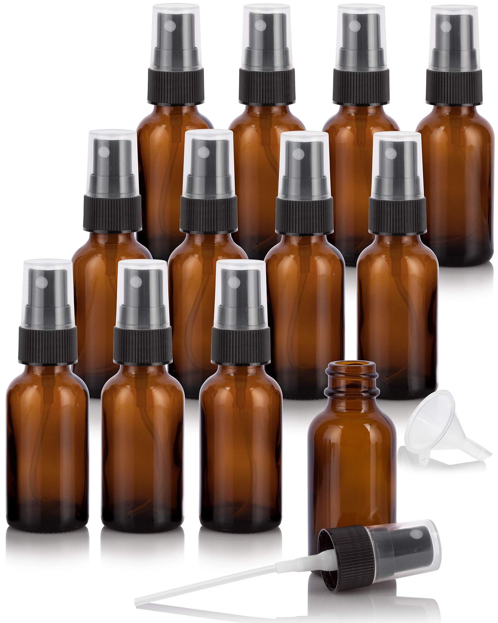 JUVITUS 1 oz Amber Glass Boston Round Bottle with Black Fine Mist Sprayer (12 Pack) + Funnel - Perfect for Essential Oils, DIY Skincare, Hair Care & Travel Size Products